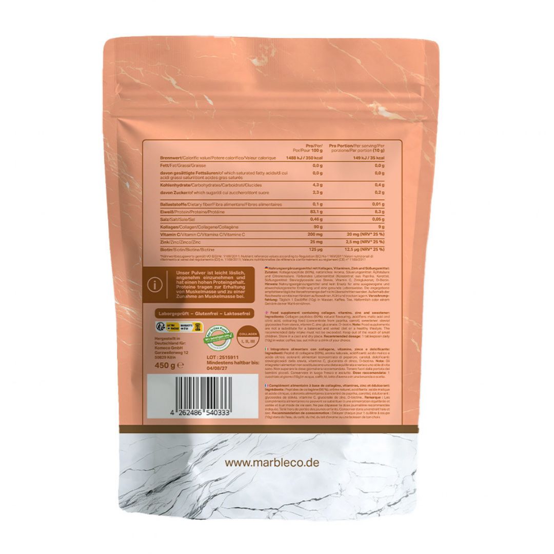 Rückseite der Verpackung von marble© Collagen Pro. Enthält Nährwertangaben, Inhaltsstoffe und Zertifizierungen.