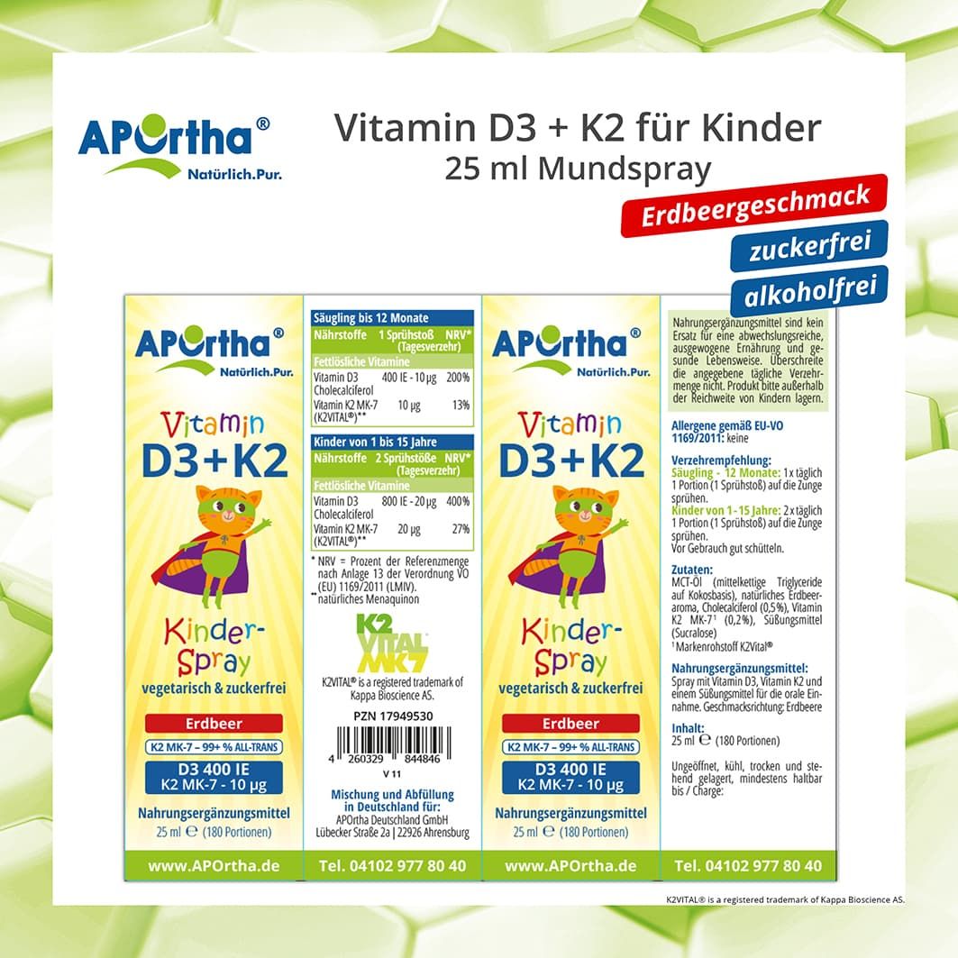 APOrtha Vitamin D3 + K2 Kinder-Spray. 3 Produktabbildungen. Informationen zu Dosierung und Inhaltsstoffen. K2VITAL MK-7.