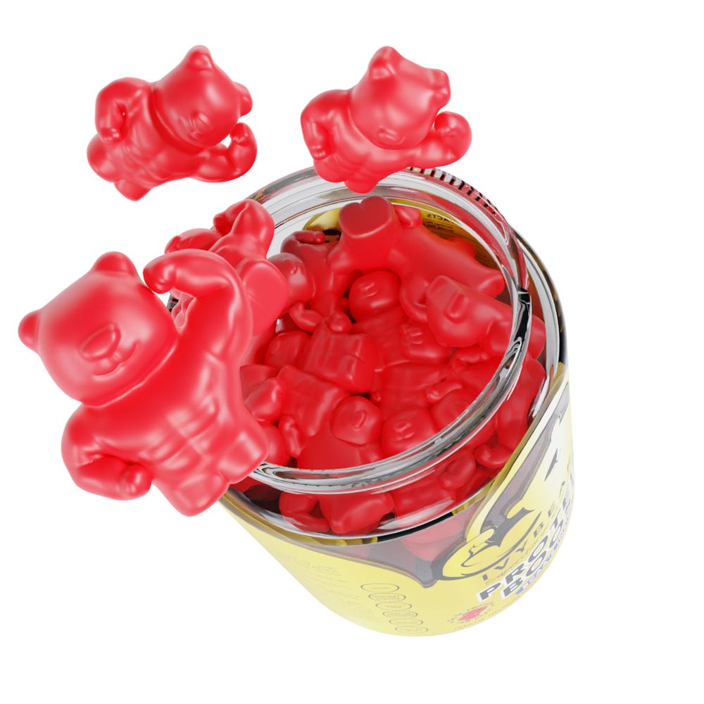 Rote Gummibärchen fliegen aus einem Glas. Das Glas ist teilweise gefüllt. Gelber Aufkleber.
