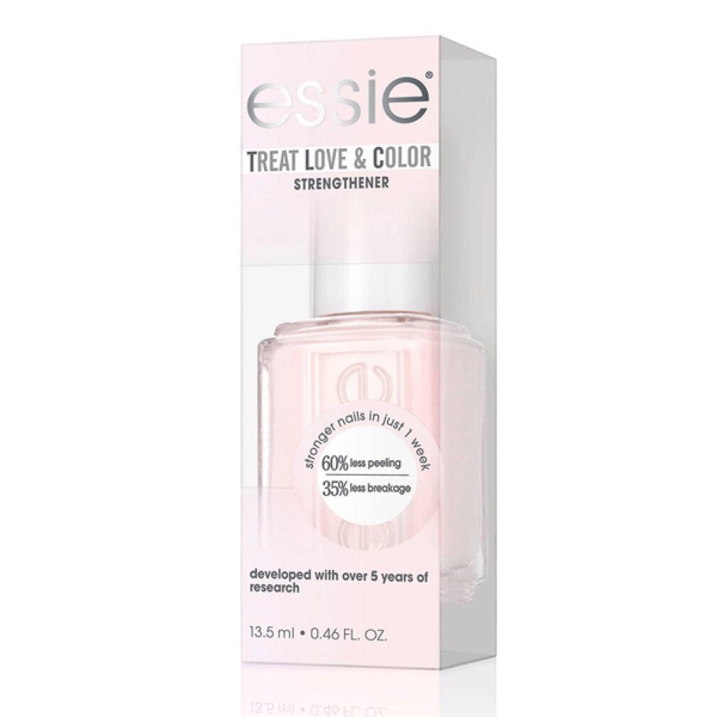 Essie Treat Love & Color Nagellack in Verpackung. Transparente Box mit Produkt und Text.