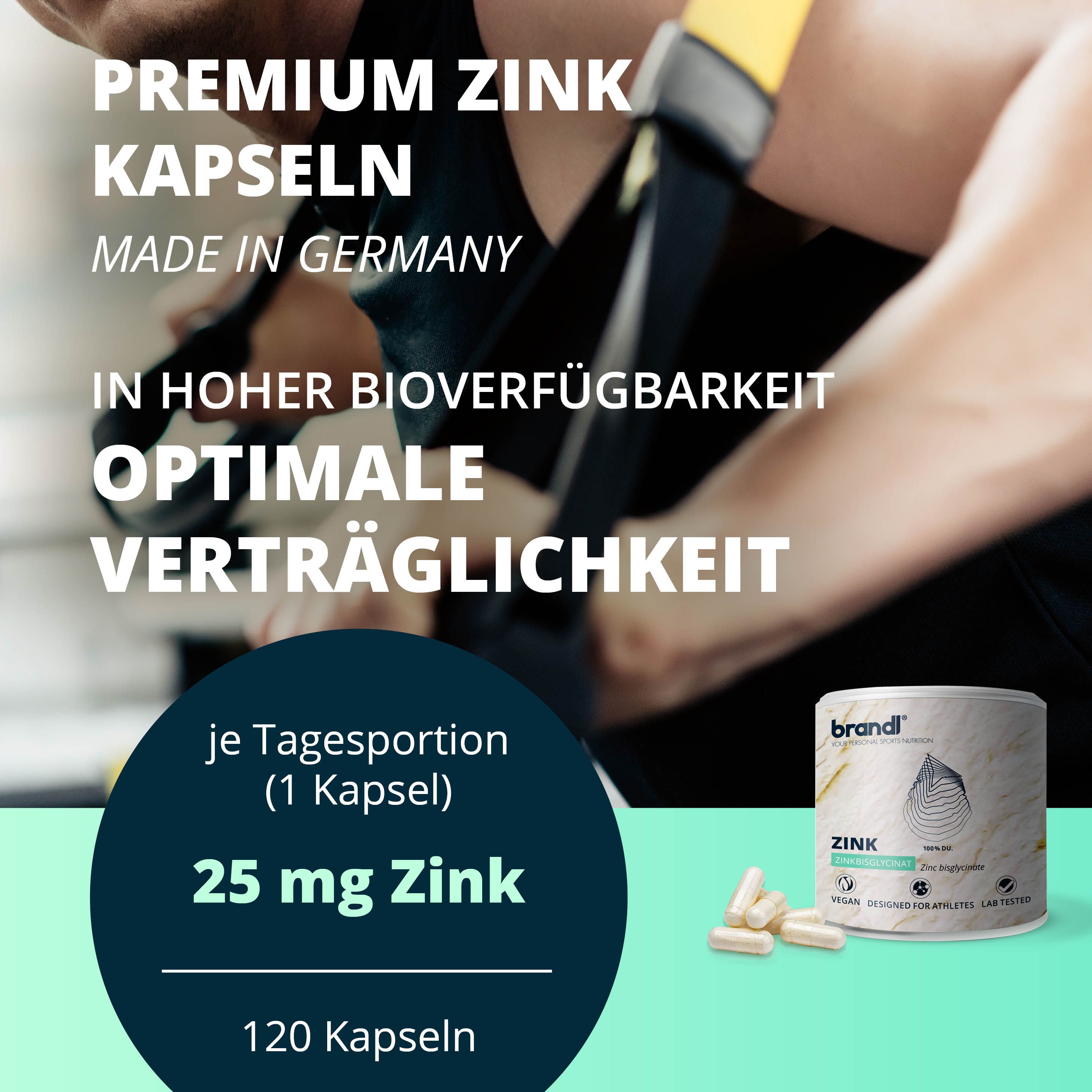 Werbung für brandl® Zink Kapseln. Text: Premium Zink Kapseln, Made in Germany, hohe Bioverfügbarkeit. Dose und Kapseln.