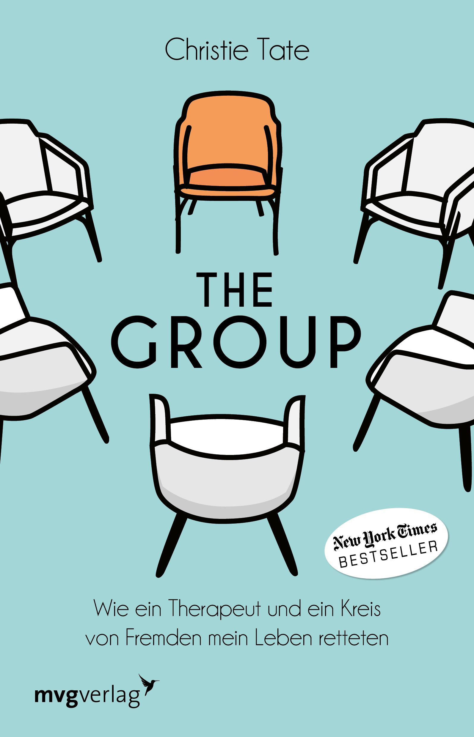 Buchcover mit dem Titel "The Group". Sechs Stühle, einer orange, die anderen weiß. Autorin: Christie Tate. New York Times Bestseller.