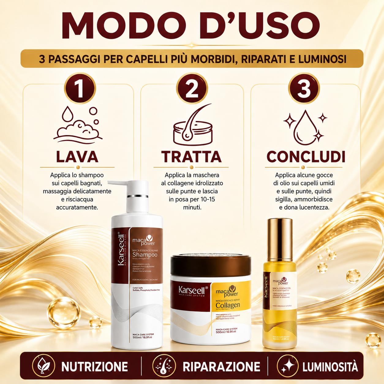 Drei Karseell Haarprodukte: Shampoo, Kollagenmaske und Haaröl.