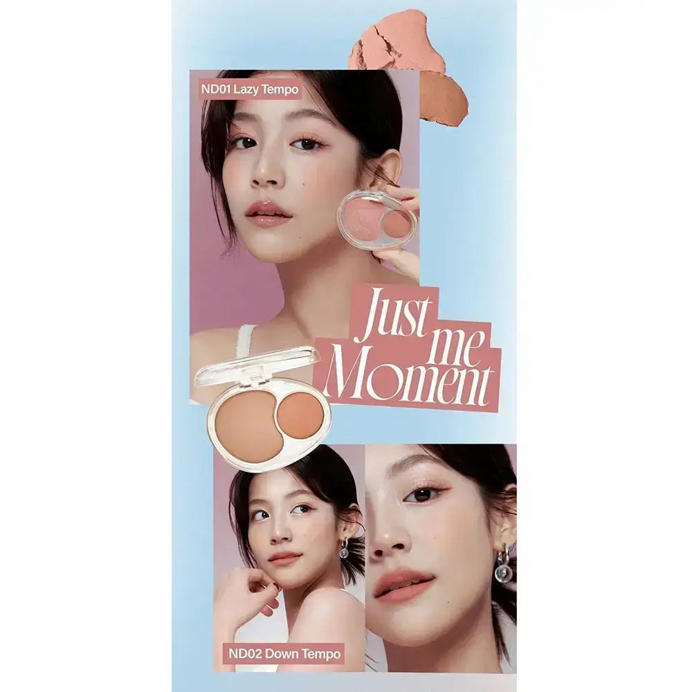 Werbebild mit einer Frau, die FWEE Mellow Dual Blusher ND02 Down Tempo verwendet. Produkt in ovaler Verpackung.