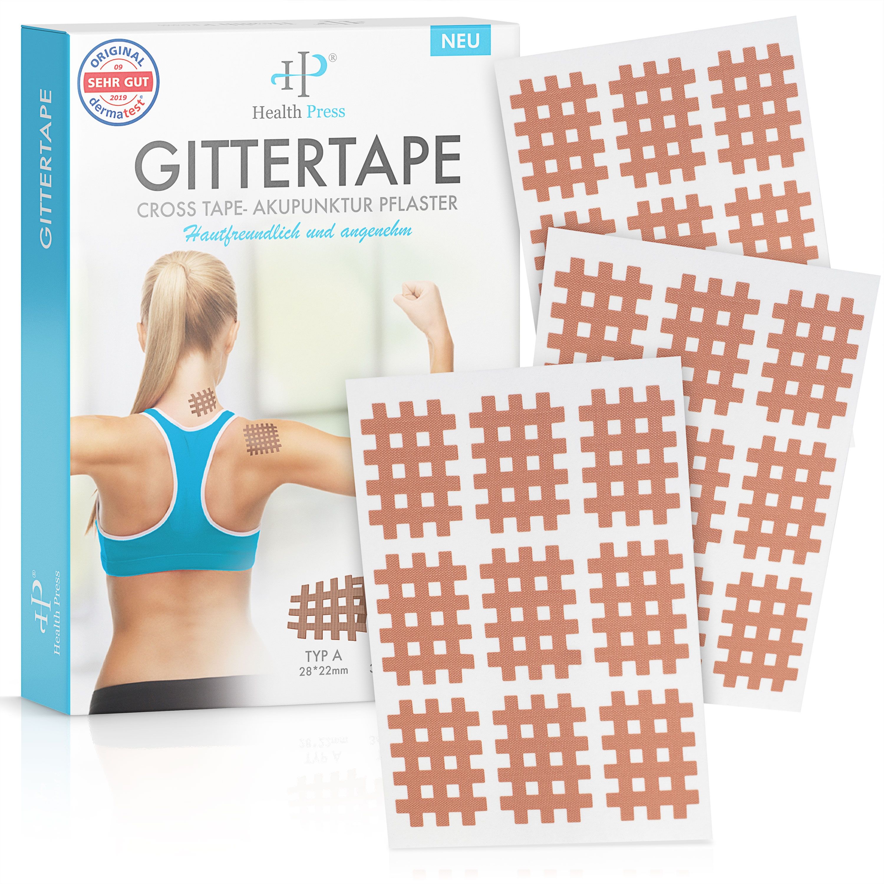 Verpackung mit Health Press Gittertape Typ A. Enthält Akupunkturpflaster. Auf der Verpackung ist eine Frau abgebildet, die das Pflaster am Hals trägt.