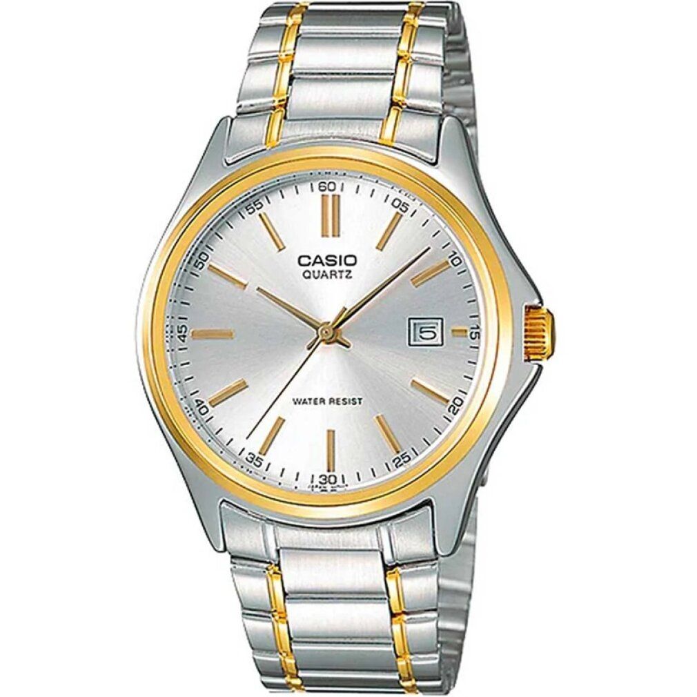 Herrenuhr mit silbernem Zifferblatt, goldenen Akzenten und silber-goldfarbenem Armband. Datumsanzeige bei 3 Uhr. Marke Casio.