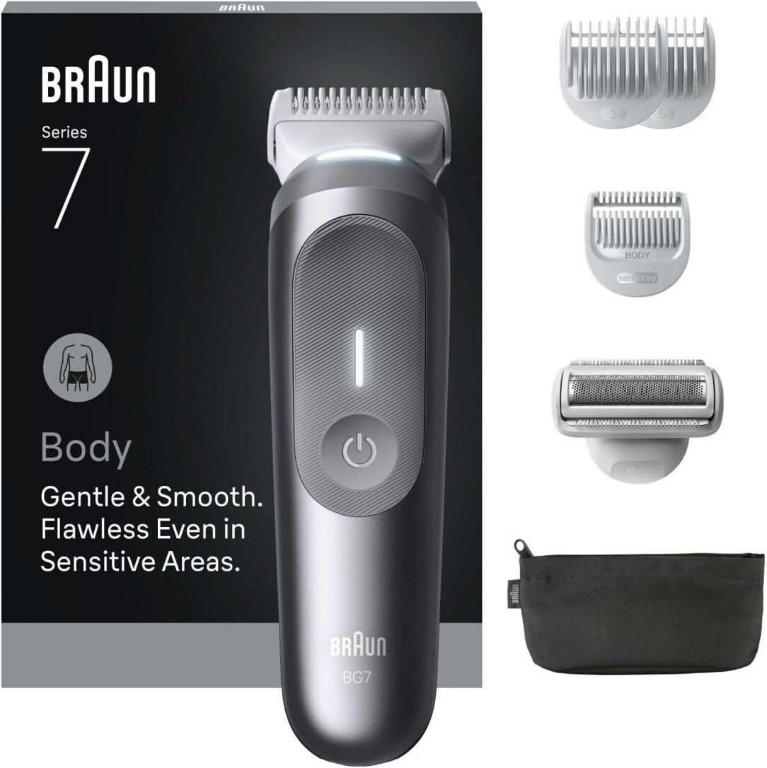 Braun BodyGroomer Series 7 mit Zubehör: Trimmer, Scherkopf, 2 Aufsteckkämme, Reinigungsbürste und Tasche.