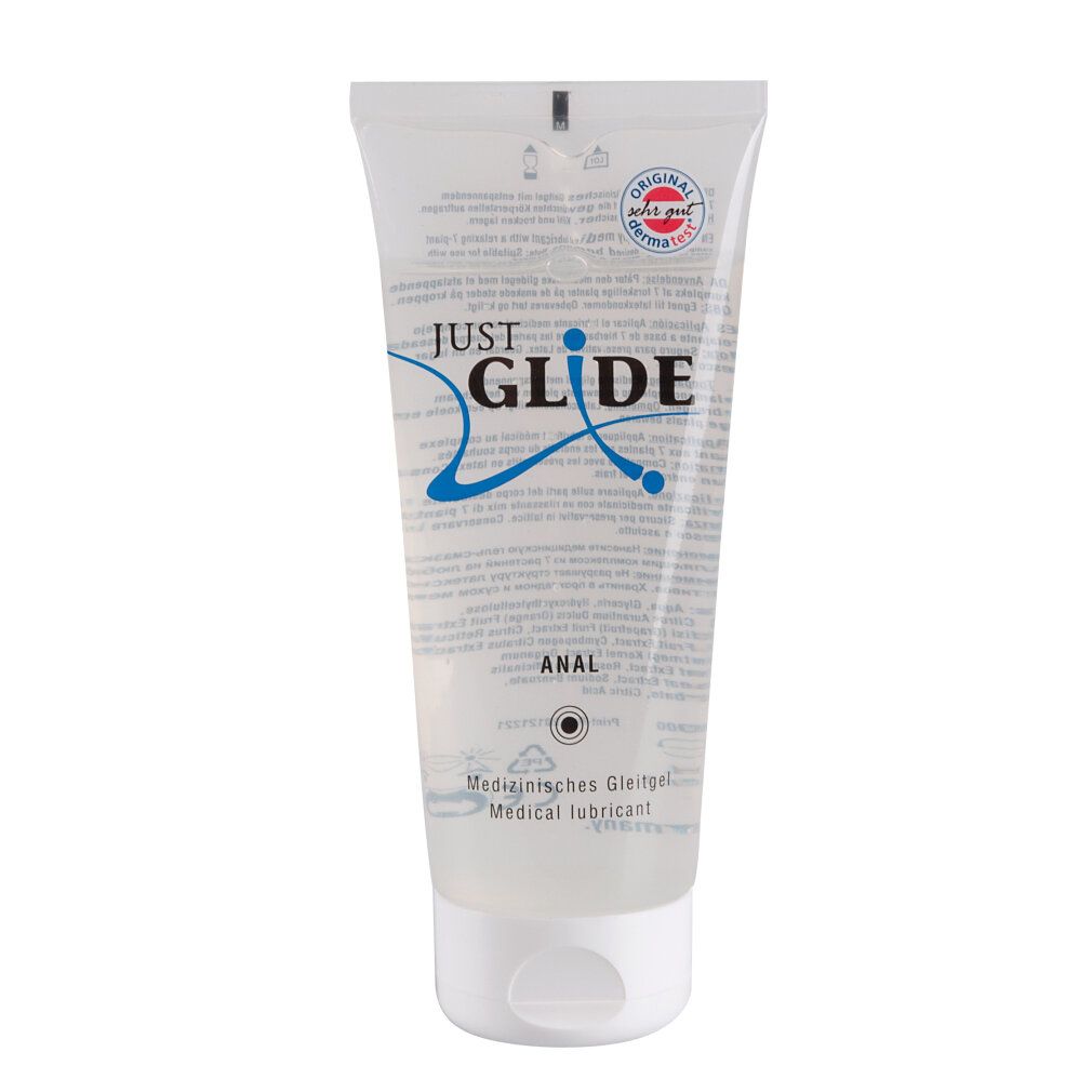 Tube mit Gleitgel. Aufschrift: JUST GLIDE ANAL. Zusätzliche Texte: Medizinische Gleitgel, Medical lubricant.