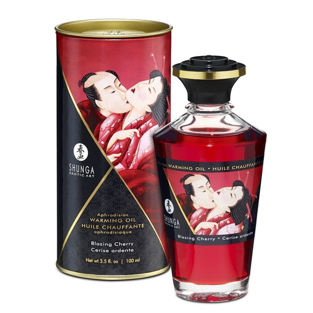 Shunga Warming Oil Flasche und Dose mit Kirschmotiv.