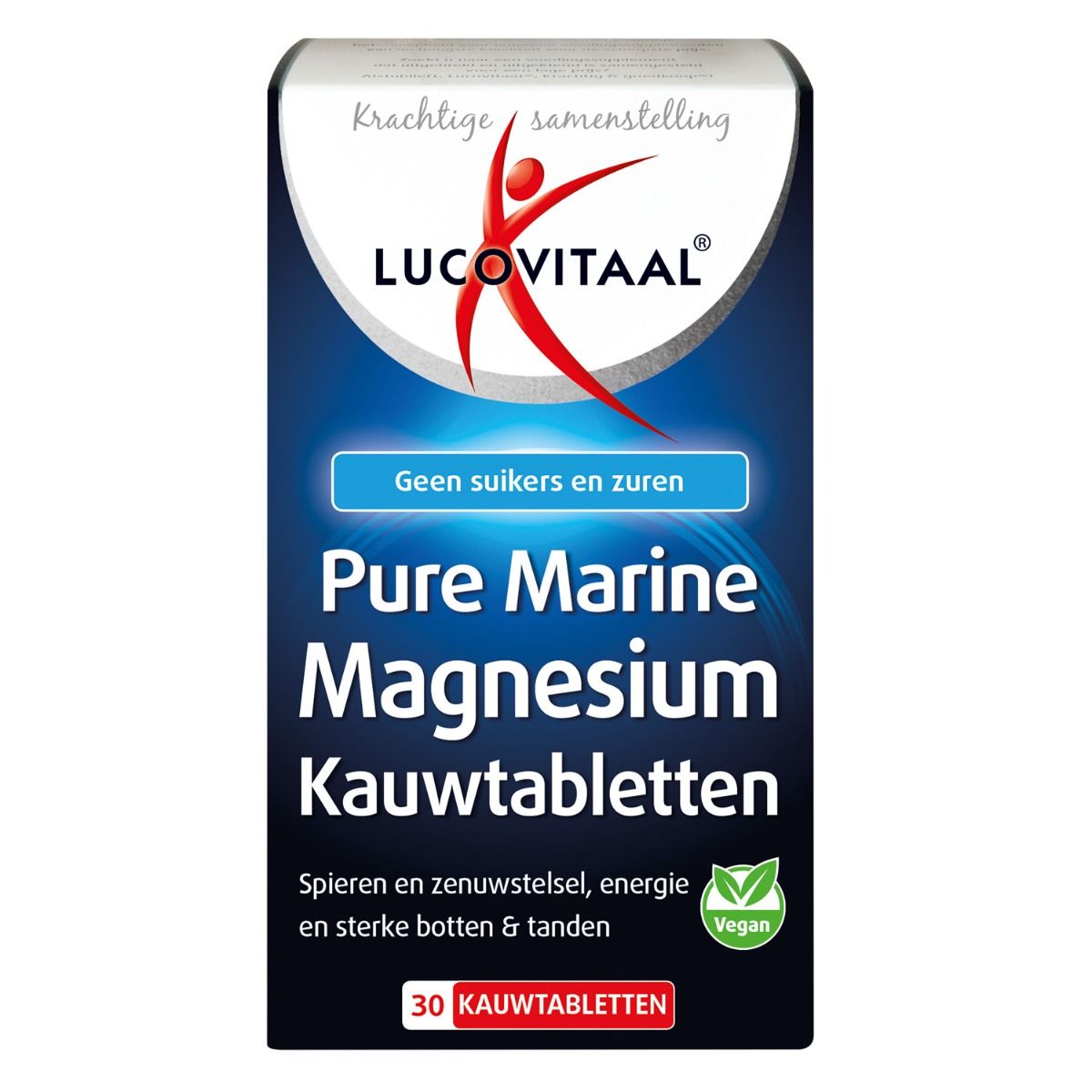 Verpackung von Lucovitaal Pure Marine Magnesium Kautabletten, 30 Stück, vegan.