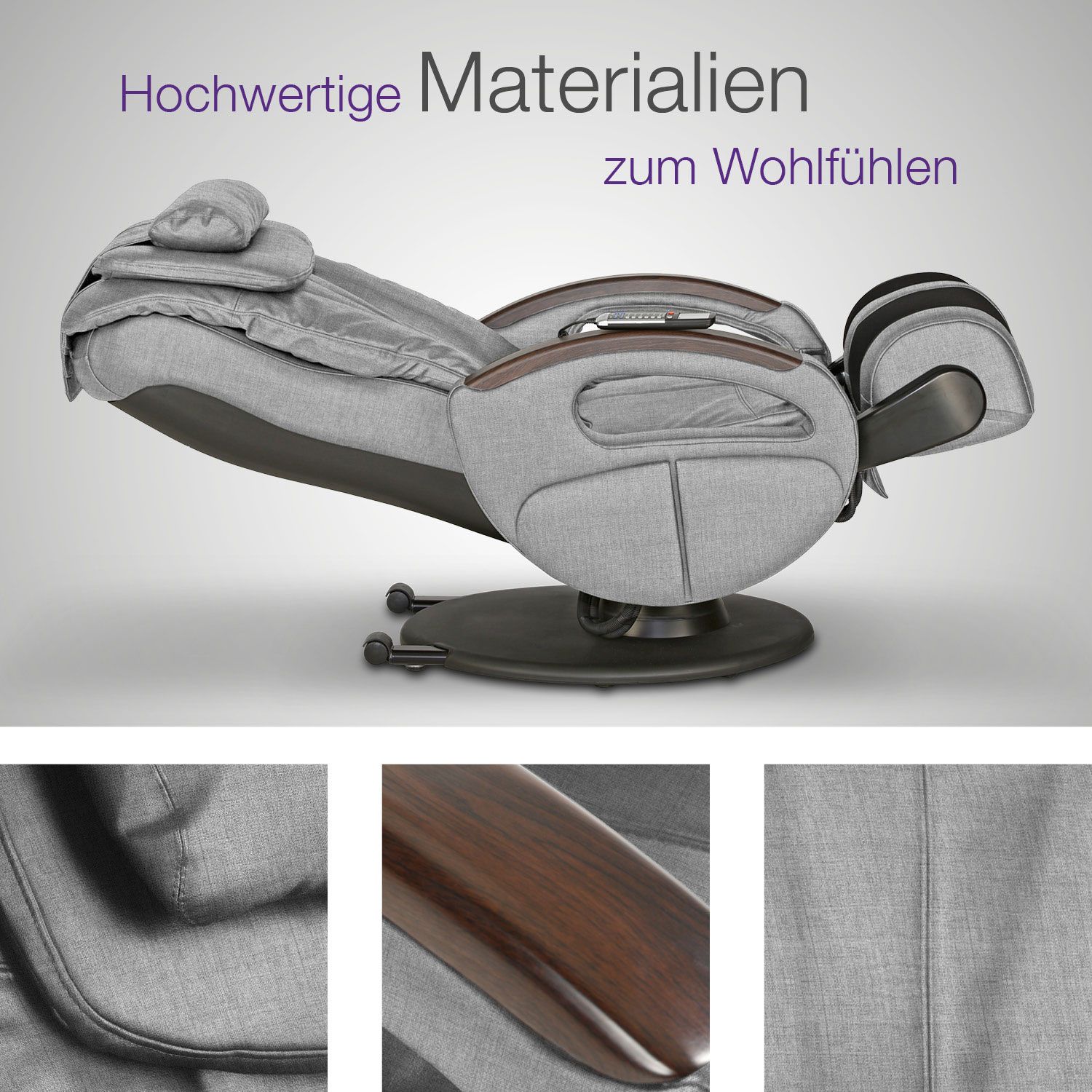 Grauer Massagesessel in Liegeposition. Text: Hochwertige Materialien. Nahaufnahmen: Stoff, Holzarmlehne, Naht.