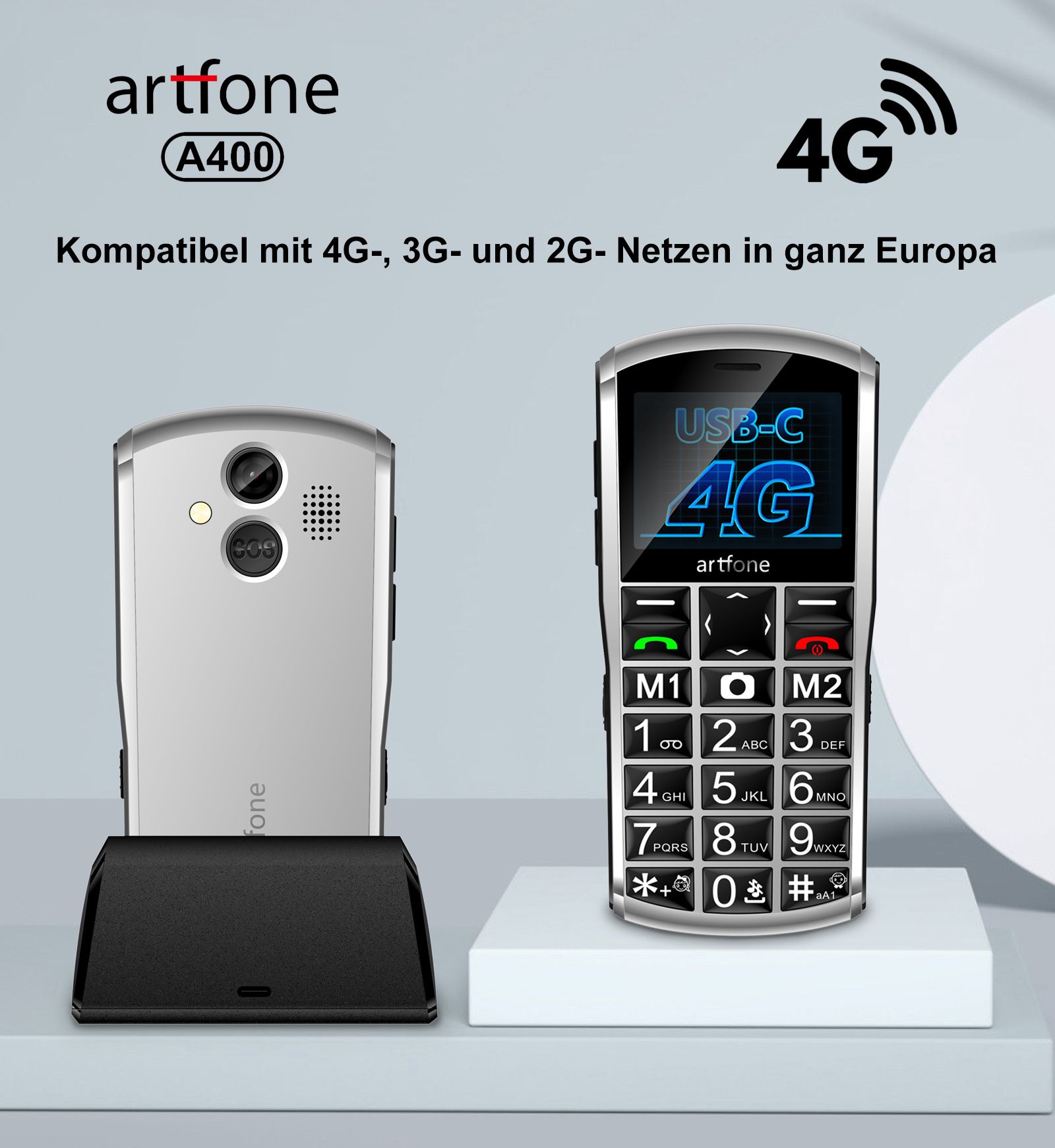 artfone A400 4G Seniorenhandy | Dual-SIM, SOS-Taste, Ladestation, Kamera, 2,4-Zoll-Display | Grau