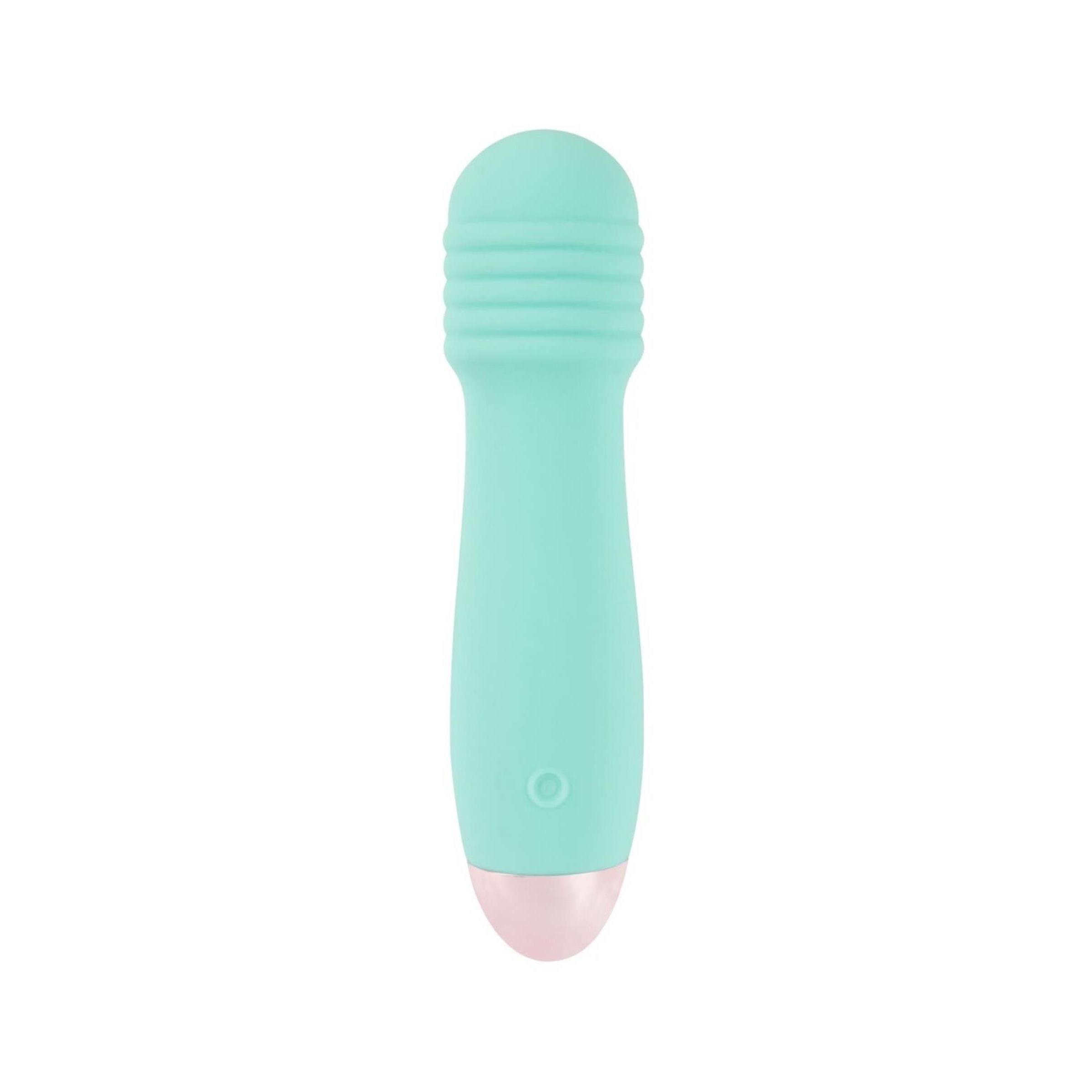 Türkisfarbener Vibrator mit geriffelter Spitze und rosa Spitze. Ein/Aus-Knopf sichtbar.