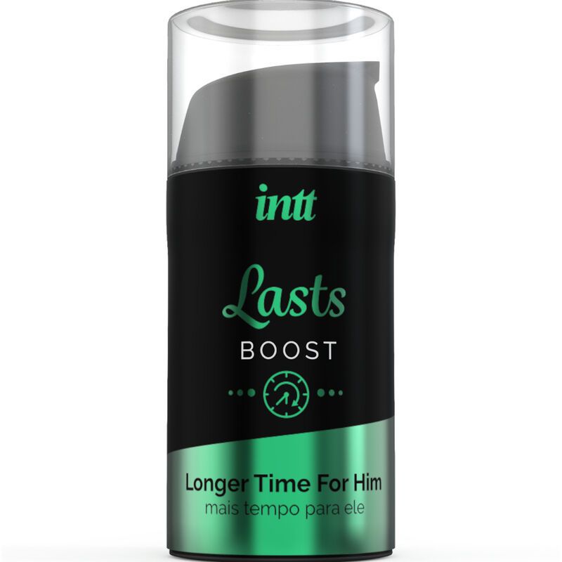 Schwarze Flasche mit grünem Akzent. Aufschrift: INTT, Lasts Boost, Longer Time For Him. Mit Dosierkopf.