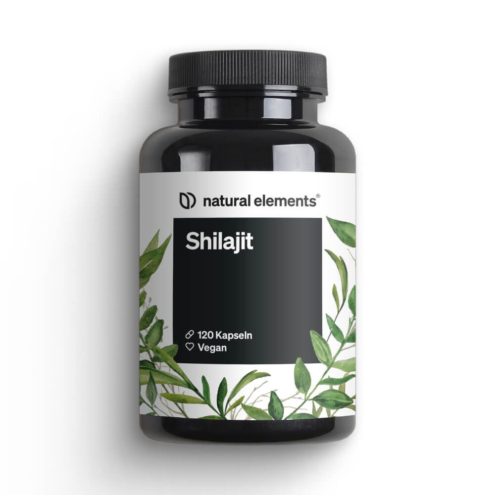 Schwarze Flasche mit weißem Etikett. Aufschrift: natural elements Shilajit, 120 Kapseln, Vegan. Pflanzliche Dekoration.