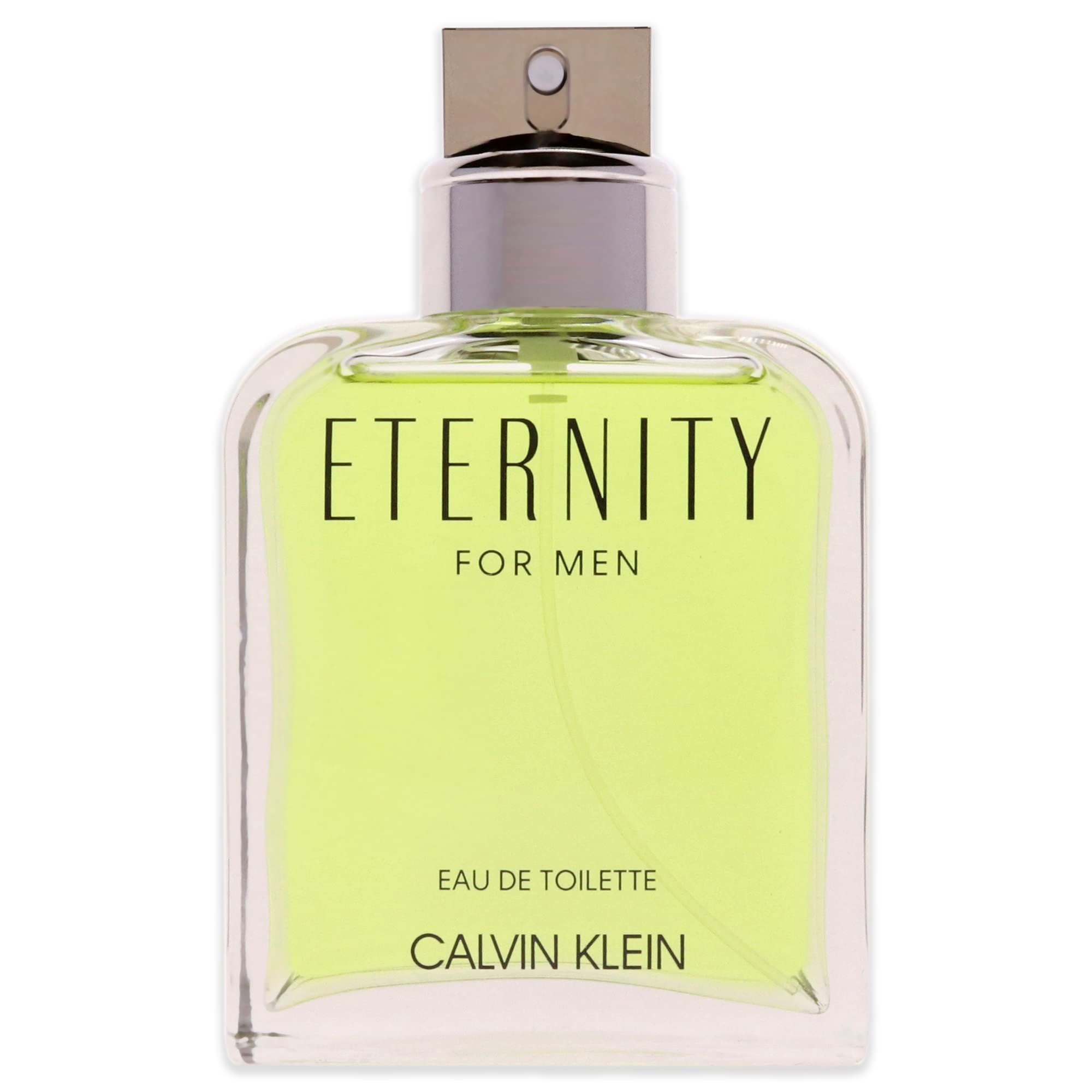 Flakon mit hellgrüner Flüssigkeit. Aufschrift: ETERNITY FOR MEN, Eau de Toilette, CALVIN KLEIN. Silberner Sprühkopf.
