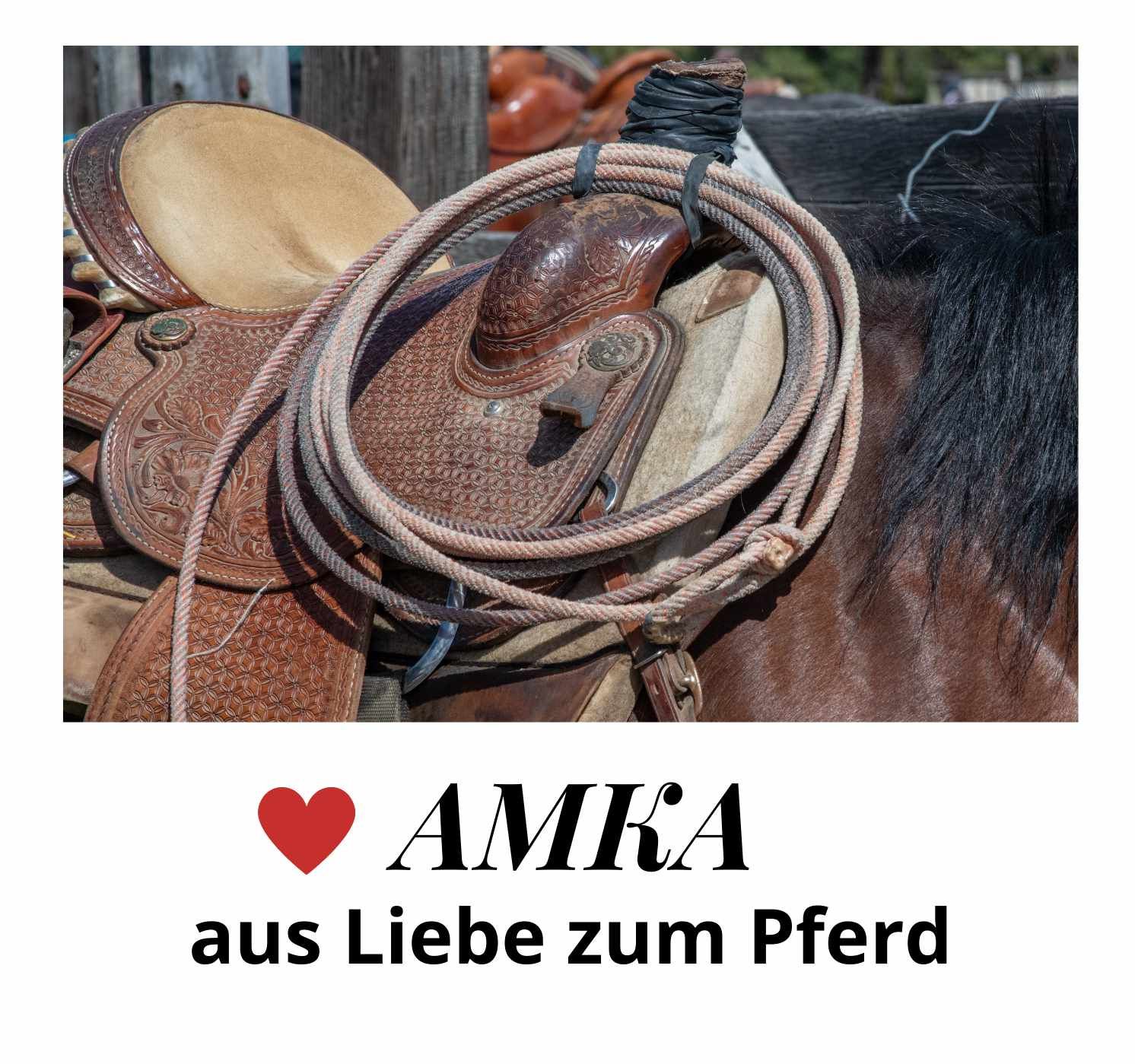 Sattel mit Zubehör auf einem Pferd. Oben ein Seil. Darunter Text: AMKA aus Liebe zum Pferd.