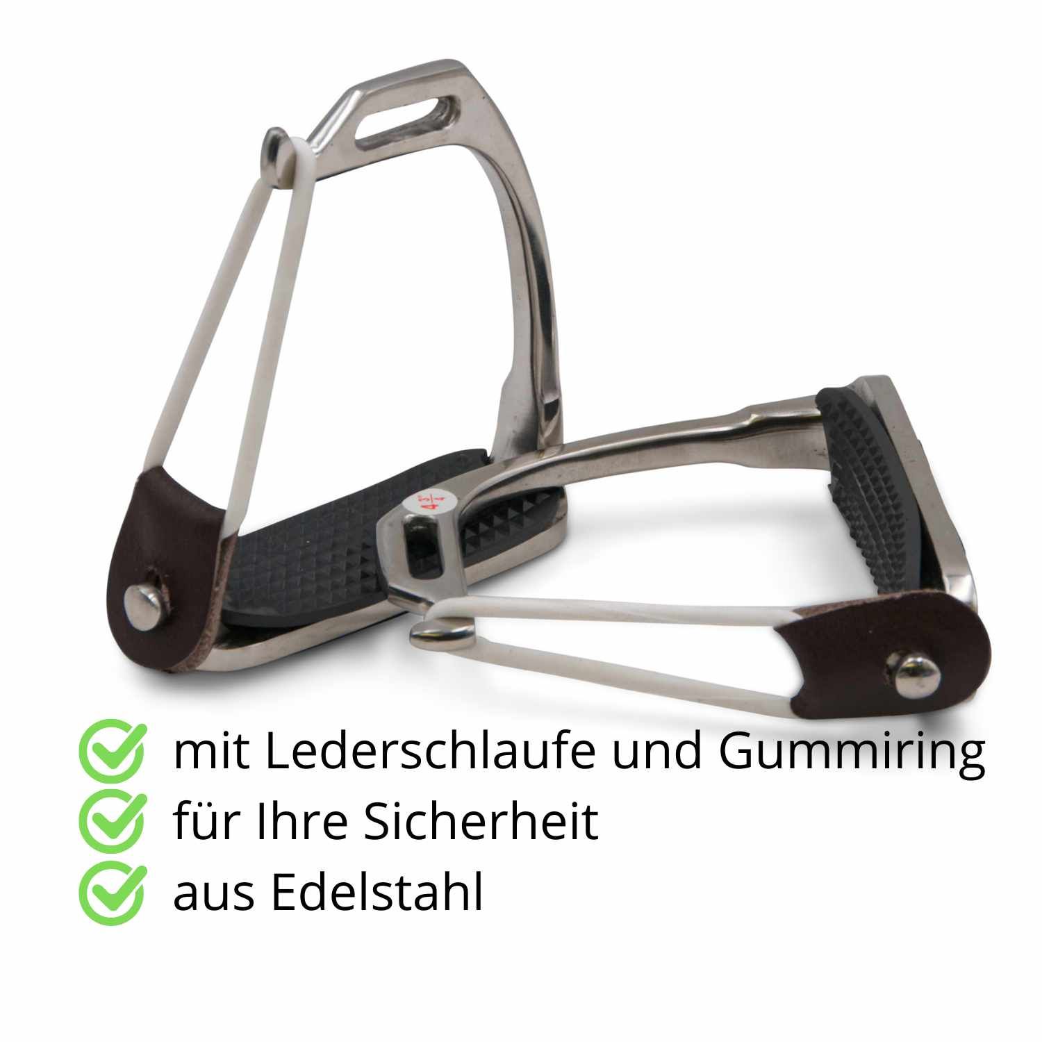 Zwei Sicherheitssteigbügel aus Edelstahl. Leder- und Gummiring. Braunes Leder, schwarze Trittfläche. AMKA.