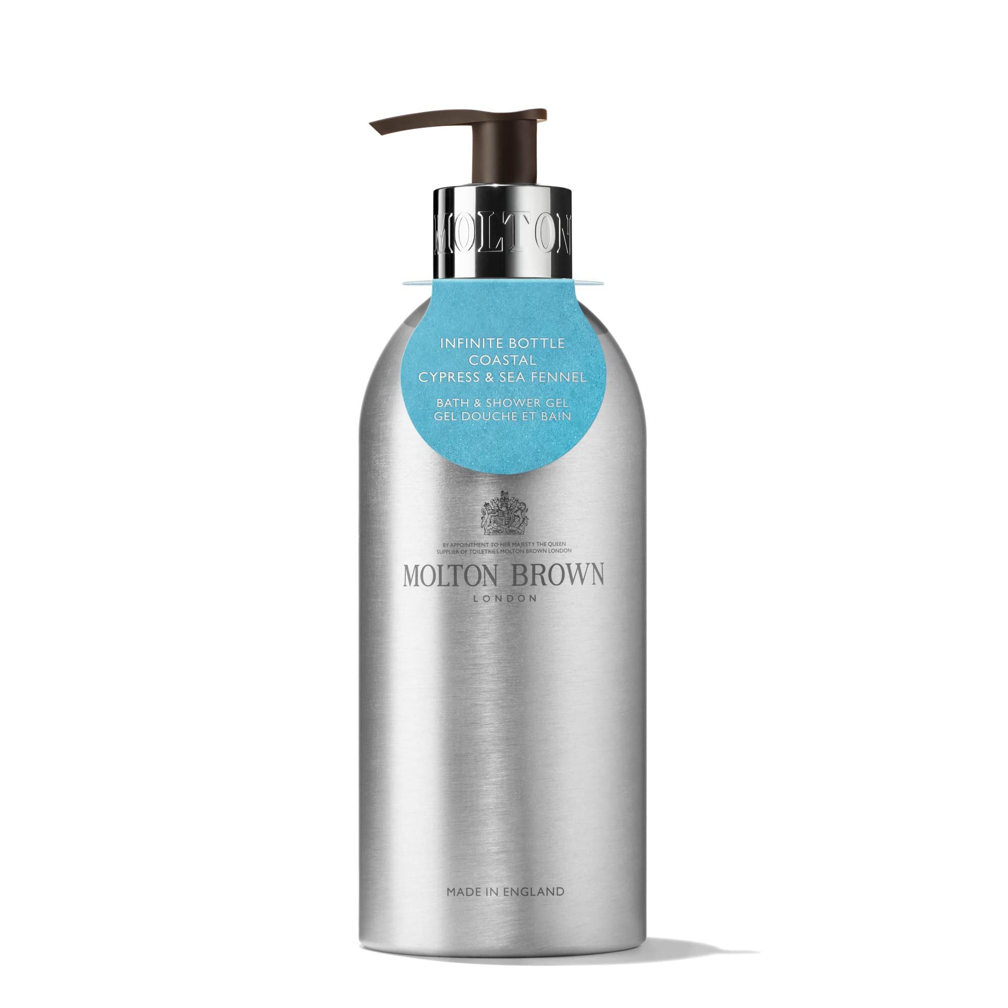 Silberne Flasche mit Pumpspender für Molton Brown Duschgel.