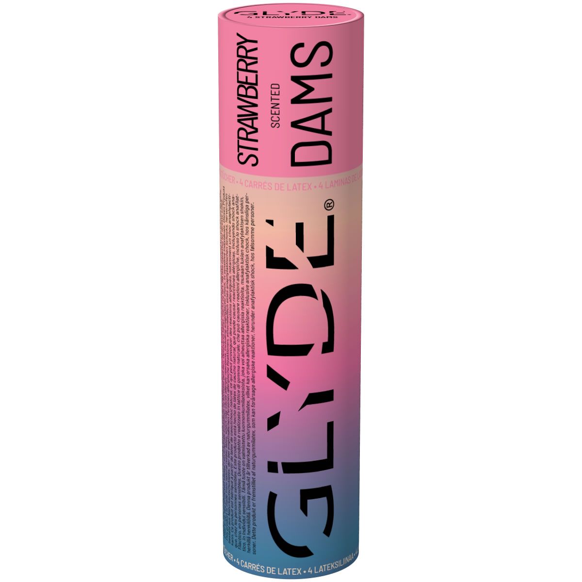 Zylindrische Verpackung von GLYDE DAMS. Aufschrift: Erdbeere, Duft, DAMS. Farbverlauf von Pink zu Blau.