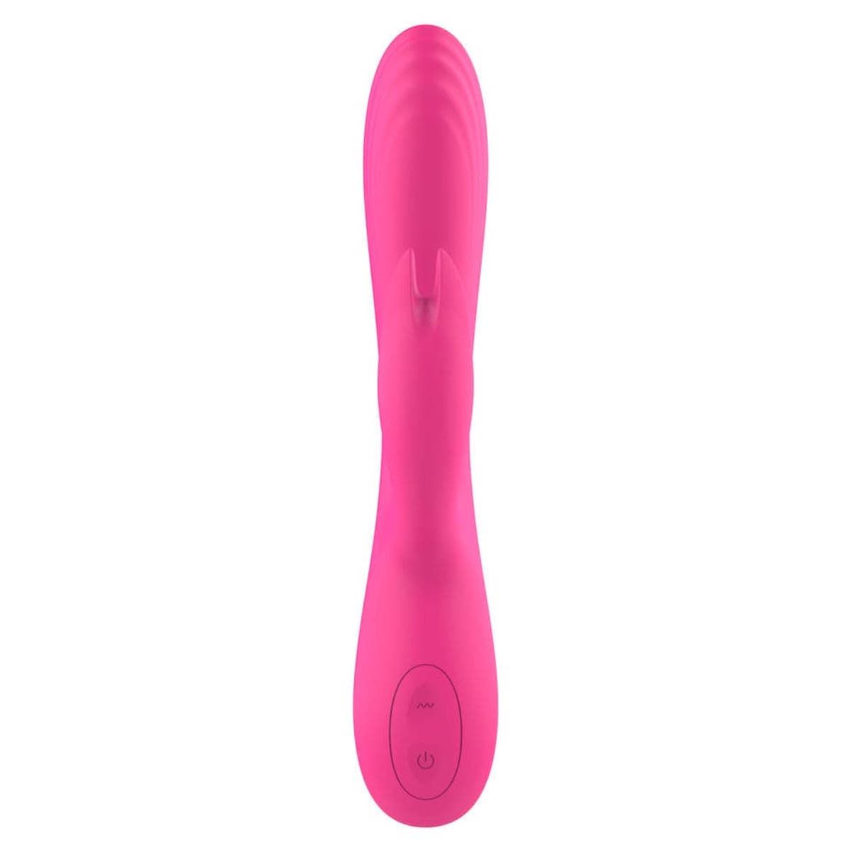 Rosa Vibrator mit Kaninchenohren-Design. Mit Bedienknöpfen und geriffelter Oberfläche.
