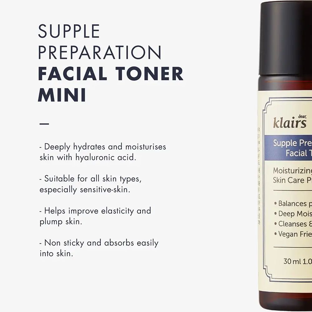 Produktinformationen und Flasche. Text: Supple Preparation Facial Toner. 30 ml.