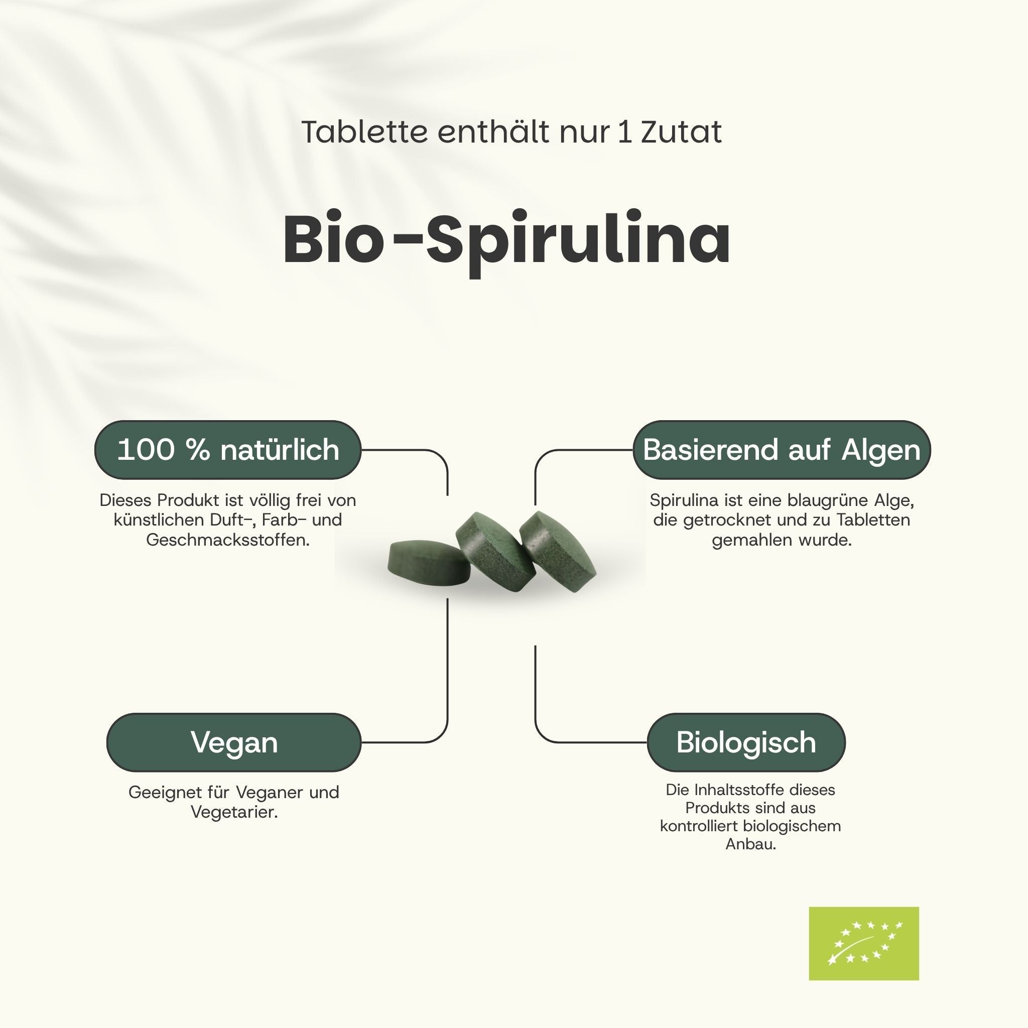 Drei grüne Bio-Spirulina-Tabletten, einzeln und als Gruppe dargestellt. Text hebt 'Bio-Spirulina', '100% natürlich', 'Vegan' und 'Biologisch' hervor.