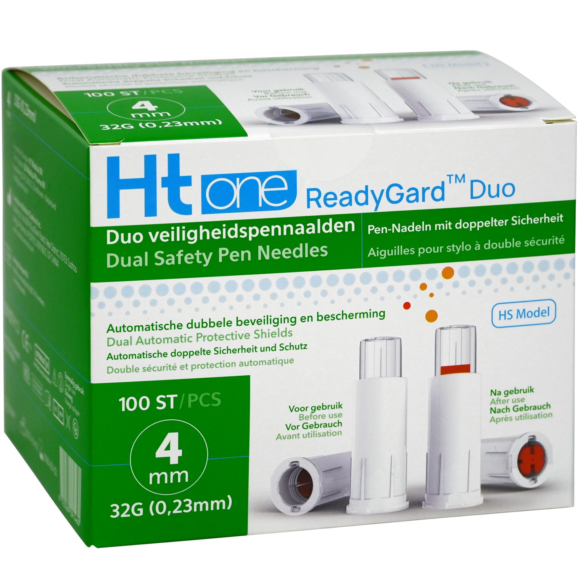 Verpackung von Ht one ReadyGard Duo Sicherheitsnadeln. 100 Stück, 4 mm, 32G. Produktname und Details auf der Verpackung.