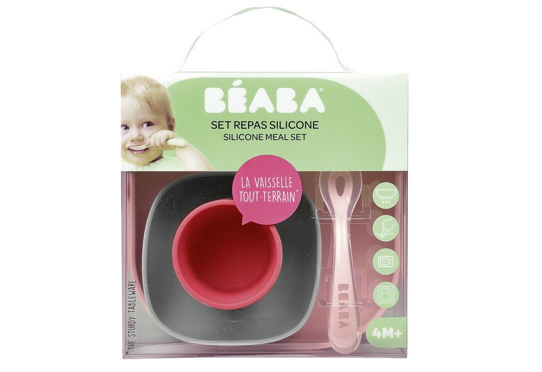 Verpackung mit BEABA-Logo und Produktnamen. Enthält Teller, Schüssel, Becher und Löffel. 4M+ Altersangabe.