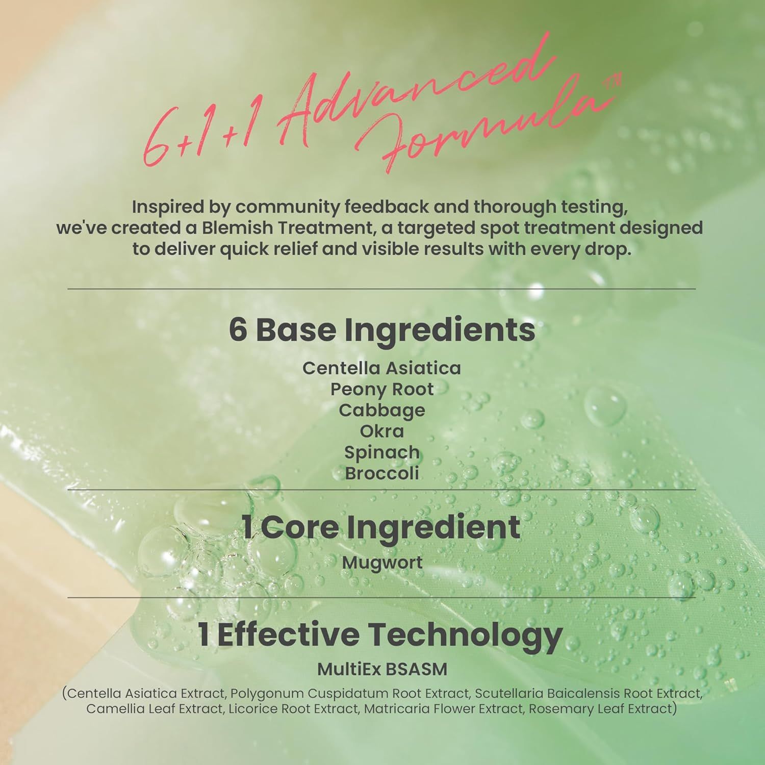 6+1+1 Advanced Formula. 6 Basis-Zutaten, 1 Kern-Zutat, 1 effektive Technologie. Text auf grünem Hintergrund.