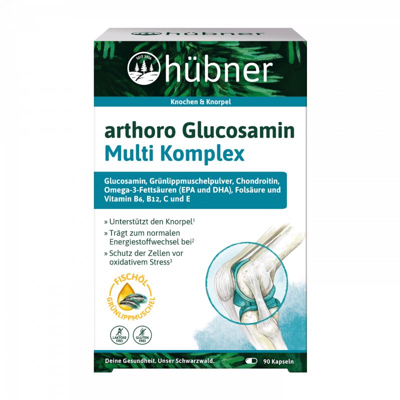 Verpackung von Hübner arthoro Glucosamin Multi Komplex. Enthält 90 Kapseln. Enthält Glucosamin, Grünlippmuschelpulver, Chondroitin, Omega-3-Fettsäuren, Vitamine.