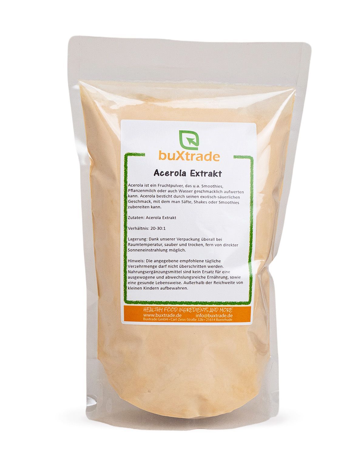 Verpackung mit Acerola Extrakt Pulver, Etikett mit Produktinformationen.