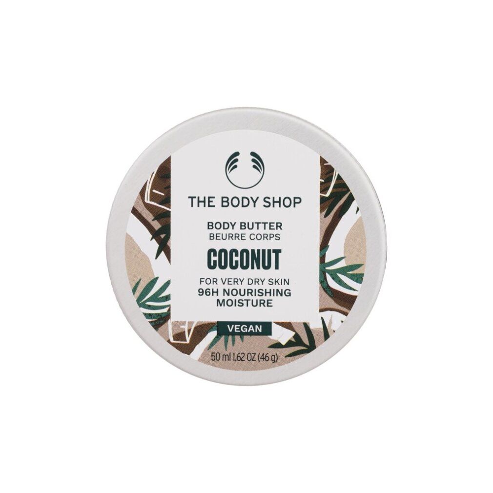 Runde Dose Body Butter von The Body Shop. Aufschrift: Kokosnuss, für sehr trockene Haut, 96h Feuchtigkeit. Vegan. 50 ml.