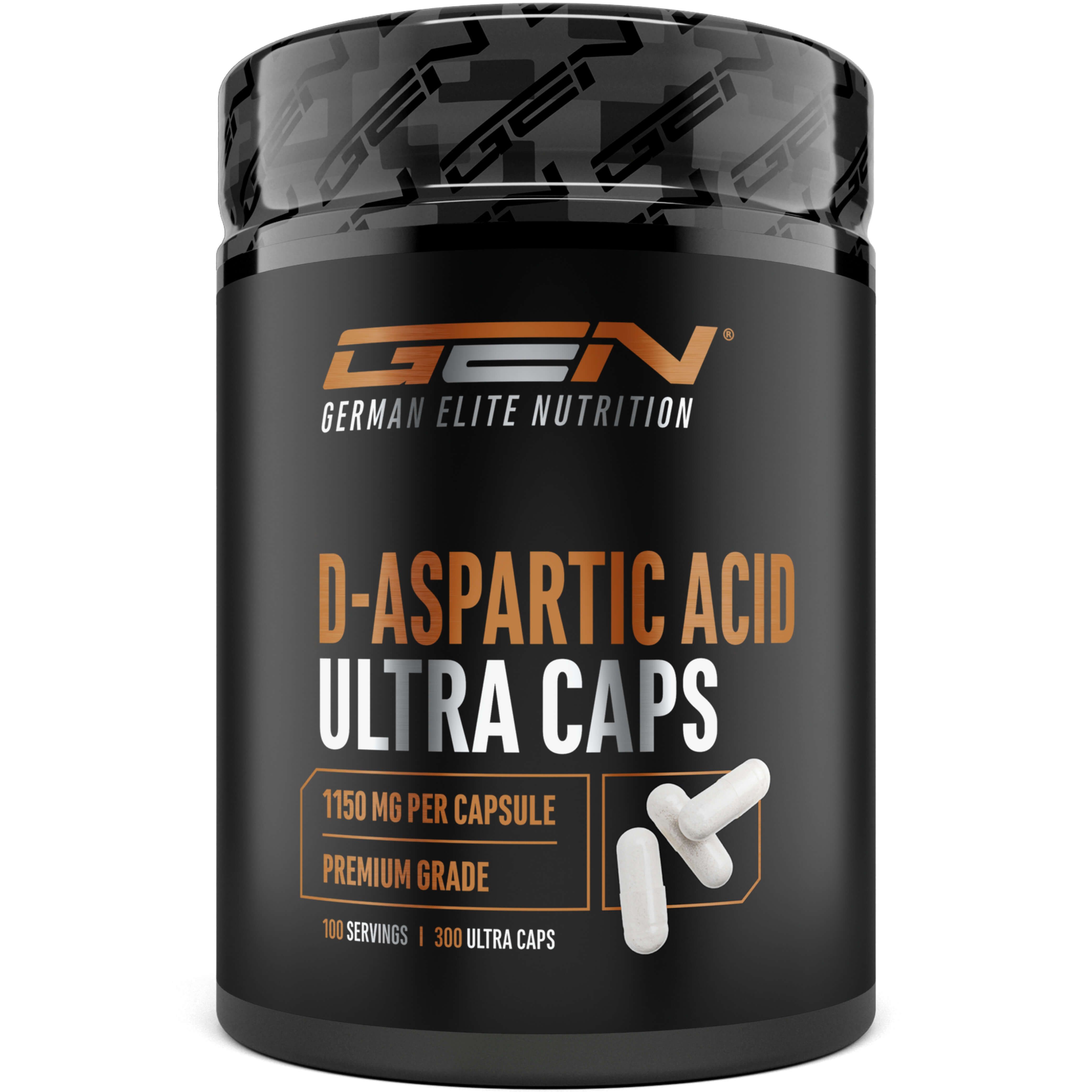 Dose D-Aspartic Acid Ultra Caps von German Elite Nutrition. Schwarze Dose mit weißer Schrift. 100 Portionen, 300 Ultra Caps.