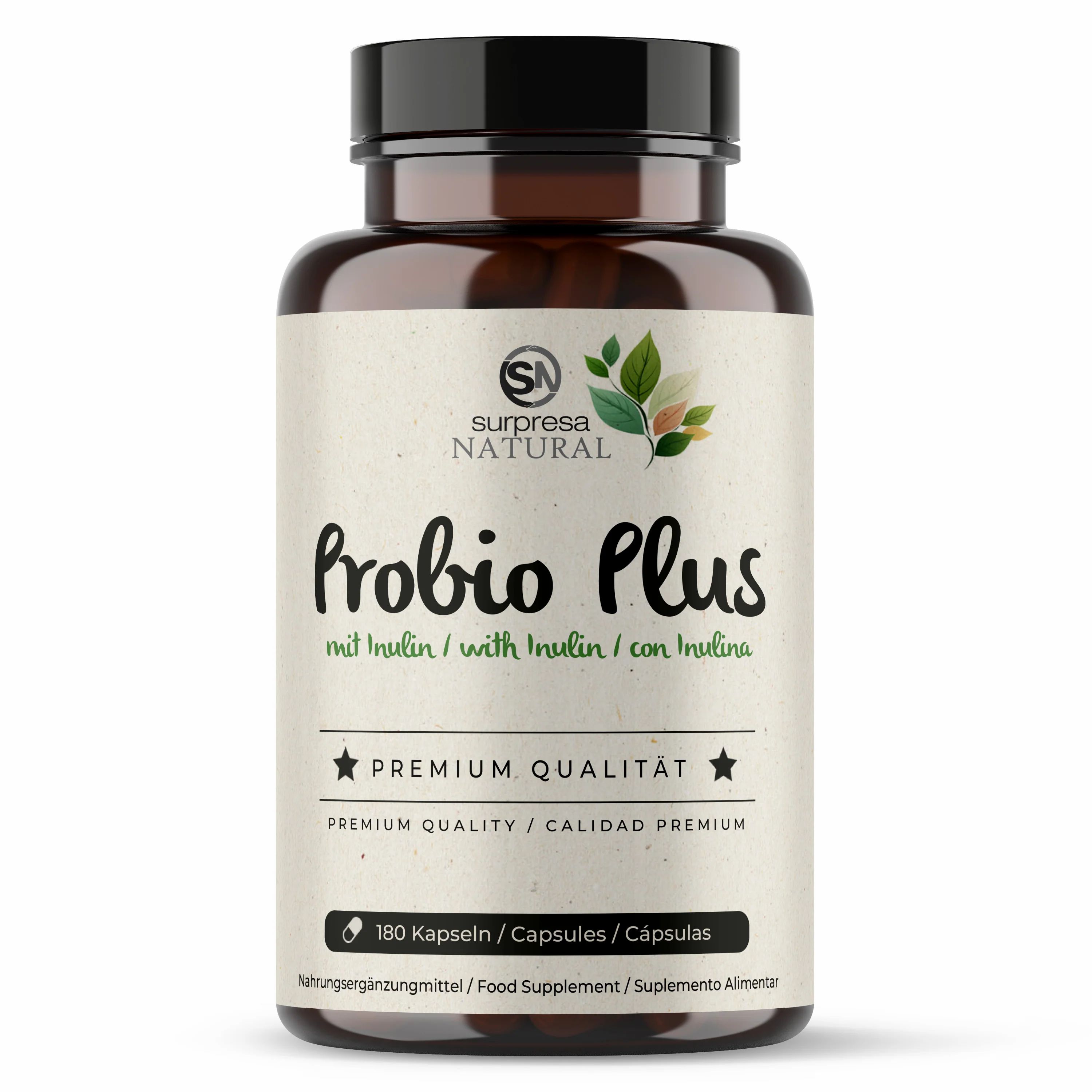 Braune Flasche mit schwarzen Deckel. Aufschrift: Surpresa Natural Probio Plus, 180 Kapseln. Premium Qualität.