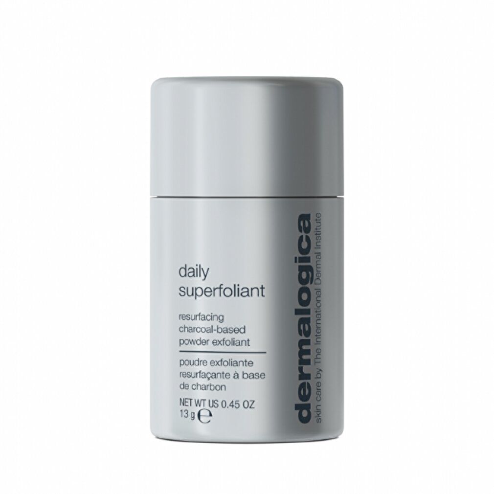 Zylindrische Dose mit Deckel. Aufschrift: "daily superfoliant", "resurfacing charcoal-based powder exfoliant", und "Dermalogica".