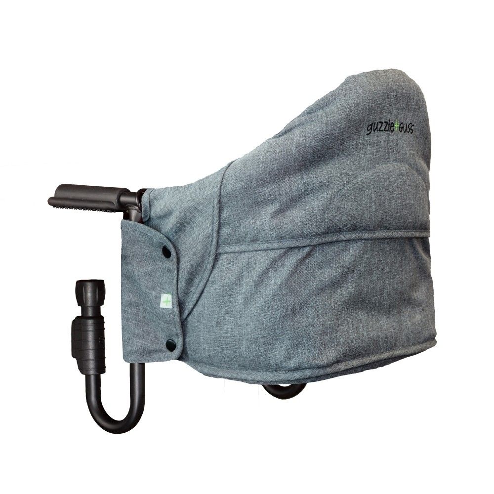 Grauer Guzzie + Guss Tischsitz Perch. Schwarze Halterung. Grüner Schriftzug.