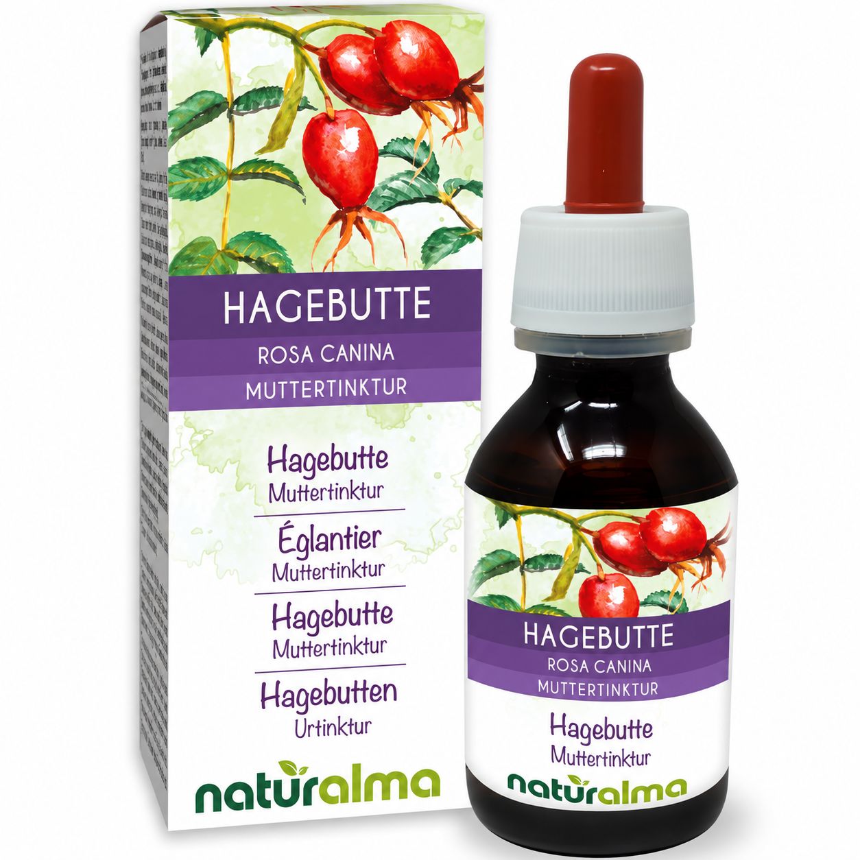 Hagebutte Muttersaft Tropfflasche mit Pipette und Kartonverpackung.