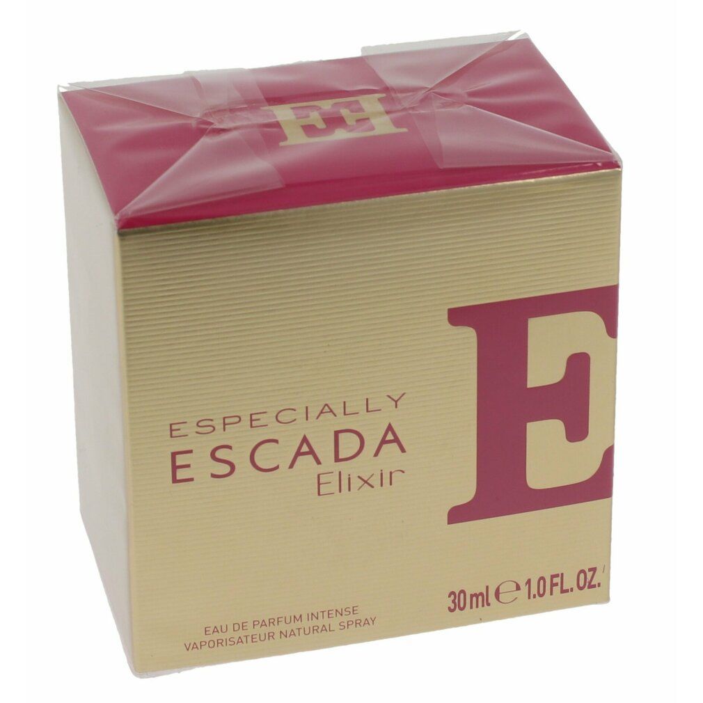 Goldfarbener Karton mit roter Oberseite. Aufschrift: ESPECIALLY ESCADA Elixir. 30ml. Eau de Parfum Intense.