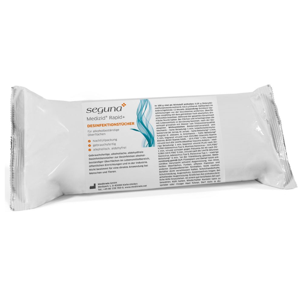 Weiße Verpackung mit Produktinformationen. Aufschrift: seguna Medizid Rapid+ Desinfektionstücher. Blaue Grafik.