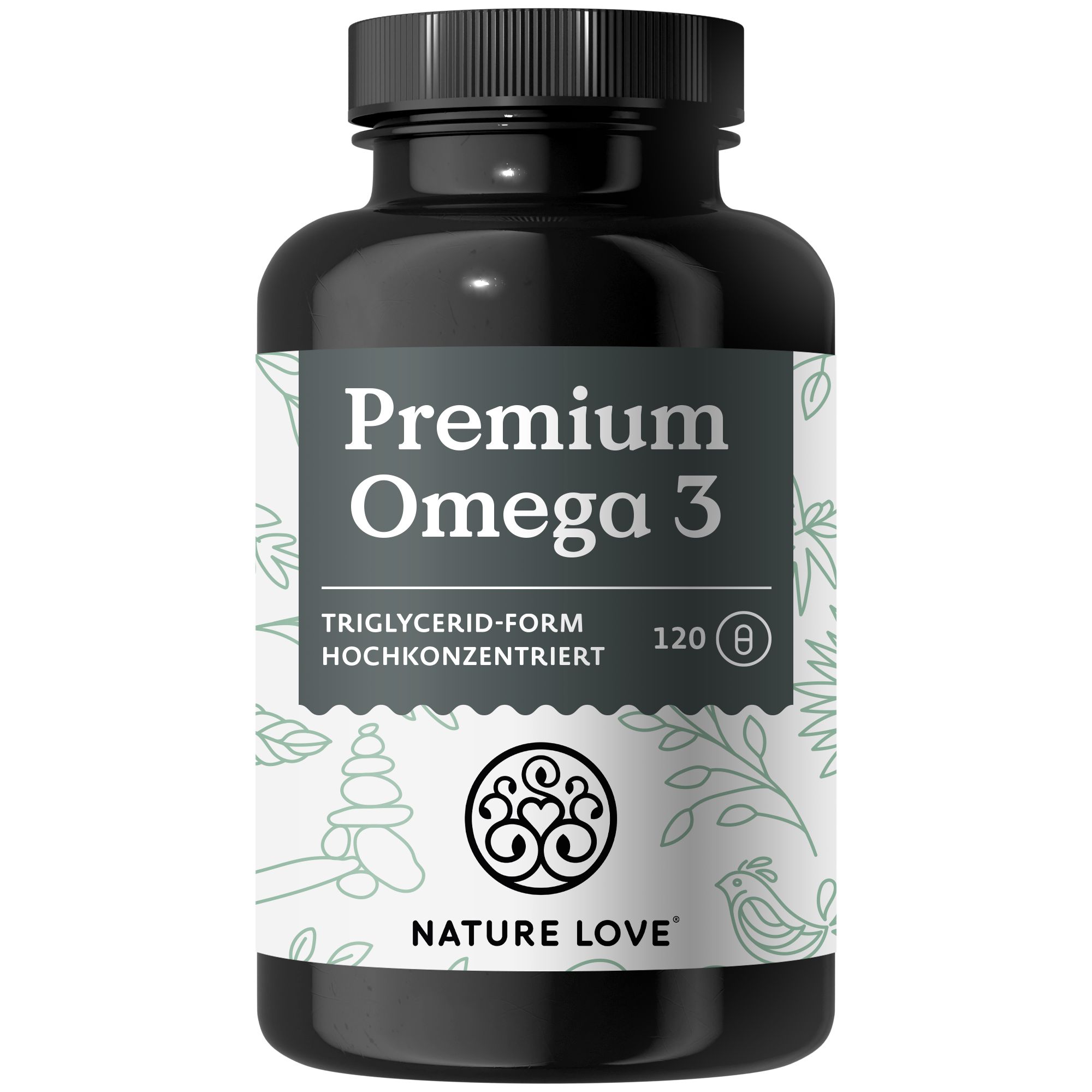 Schwarze Flasche mit weißem Etikett. Aufschrift: Premium Omega 3. Logo und Schriftzug NATURE LOVE®. 120 Kapseln.