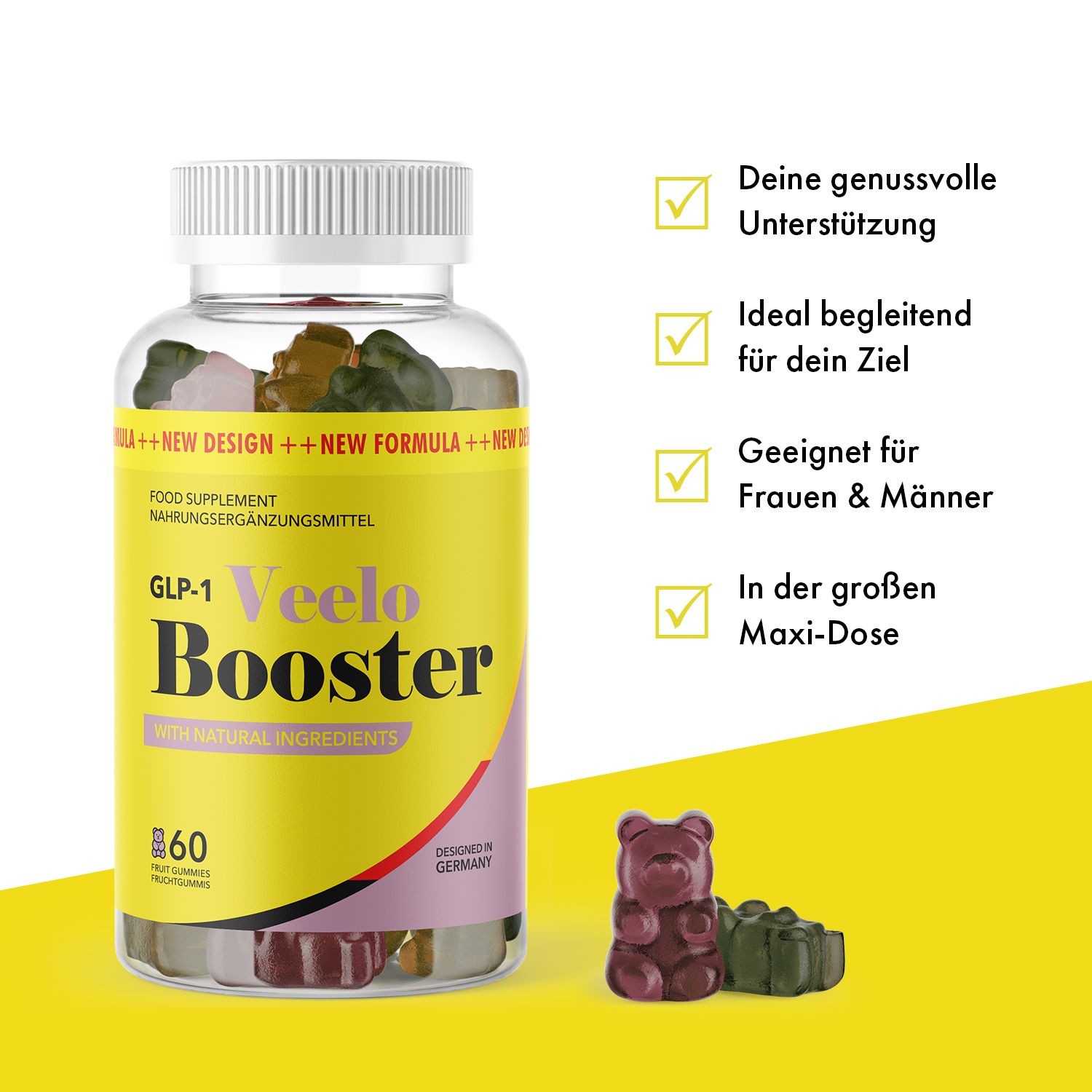 Glasflasche GLP-1 Veelo Booster Fruchtgummis. Gelbes Etikett, 60 Stück. Gummibärchen daneben. Text auf gelbem Hintergrund.