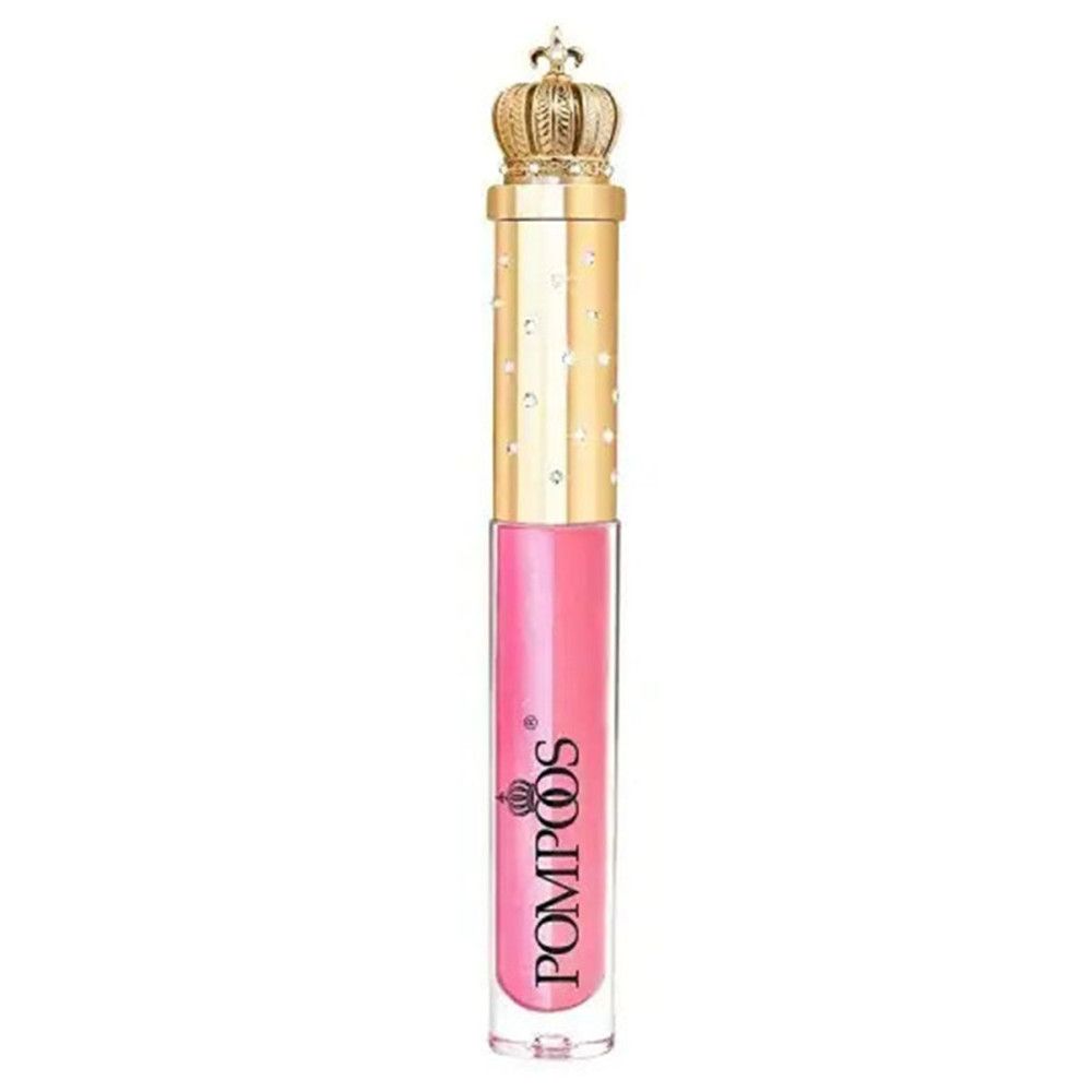 Lipgloss mit rosa Inhalt. Goldene Hülse mit Strass und Kronenverschluss. Pompöös-Logo.