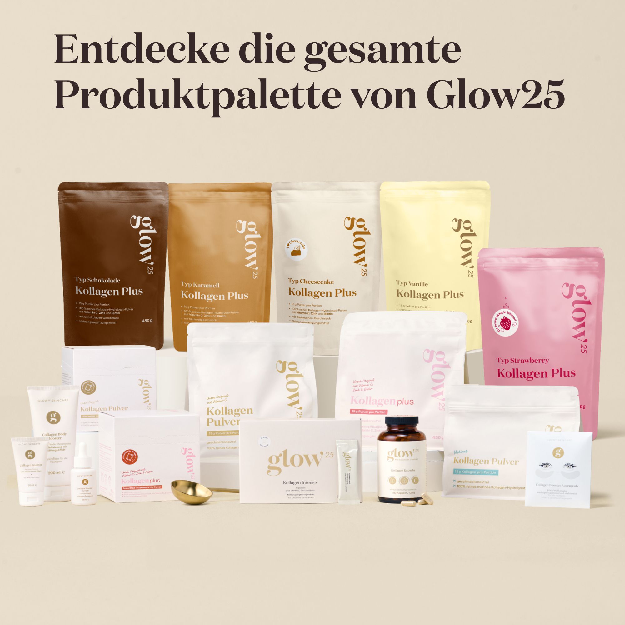 Produktpalette von Glow25®. Verschiedene Produkte: Kollagen Plus, Kollagen Pulver, Cremes, Seren, Kapseln, Flaschen.