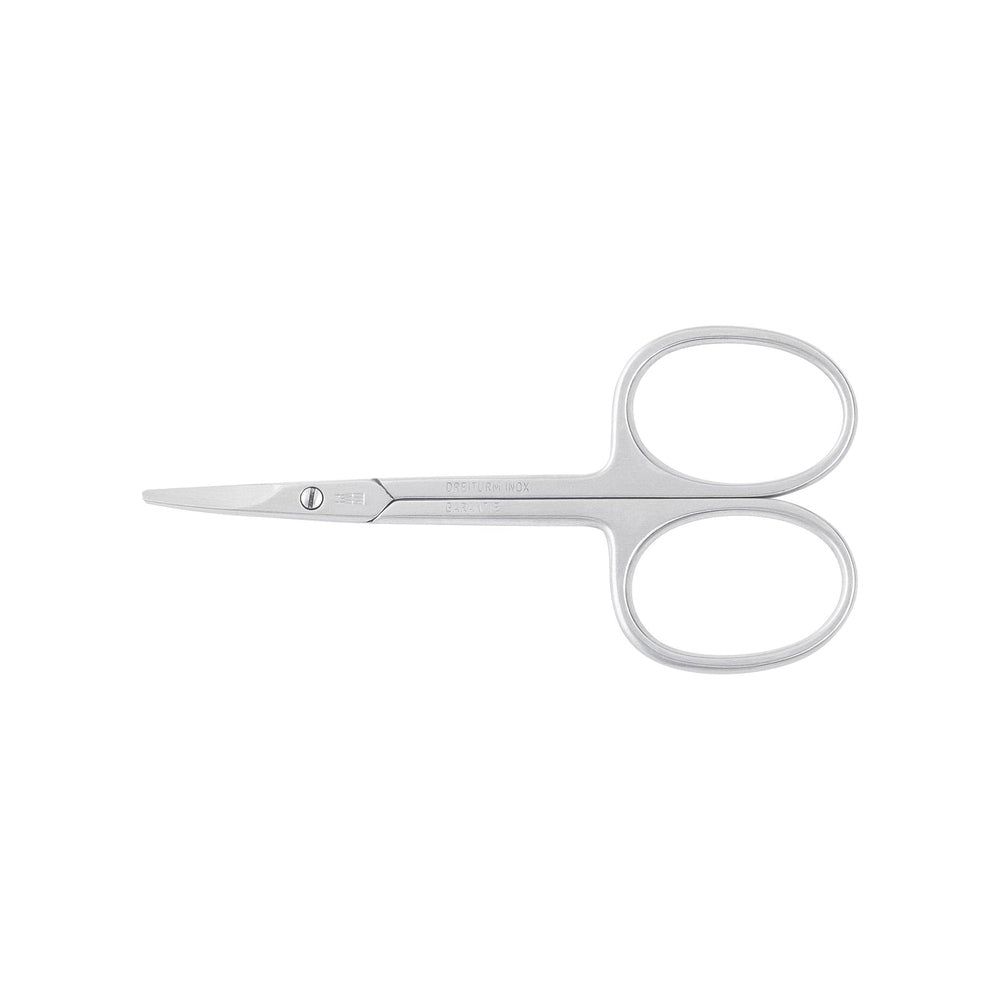 Silberne Baby-Nagelschere. Metall, gebogene Griffe, abgerundete Spitzen. Aufschrift: Solingen.