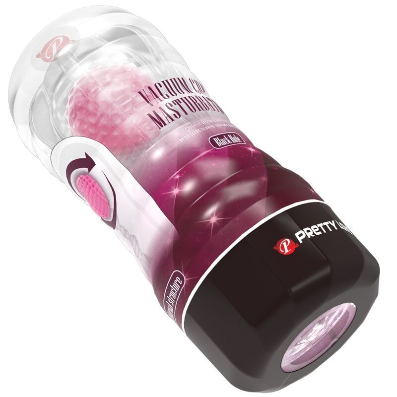 Vakuum-Cup-Masturbator. Transparentes Gehäuse, pinkfarbene Kugel, schwarzer Boden. Marke: PRETTY LOVE. Schrägansicht.