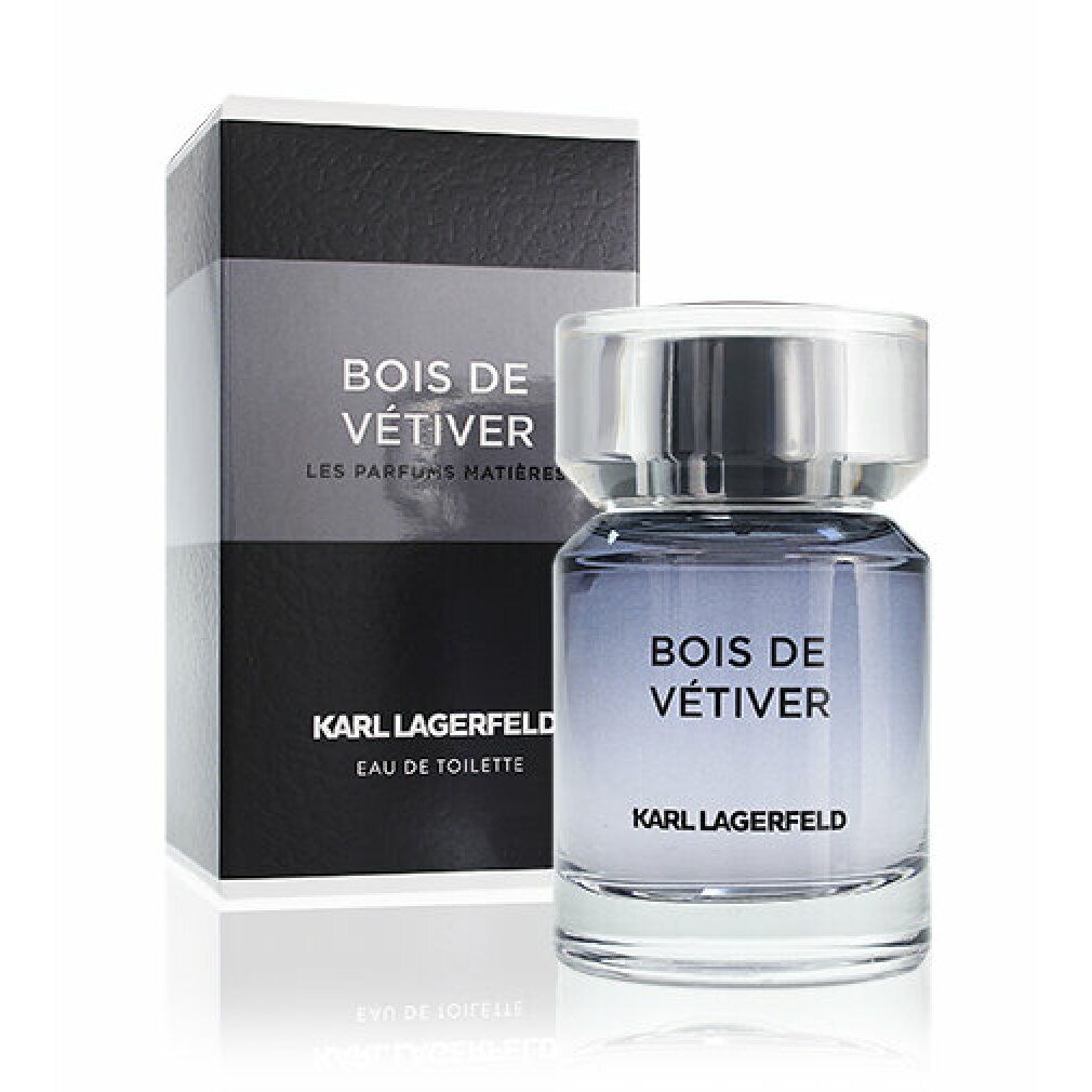 Flakon und Verpackung von Karl Lagerfeld Bois de Vétiver. Flakon mit blau-lila Farbverlauf. Schwarze Verpackung mit Logo.