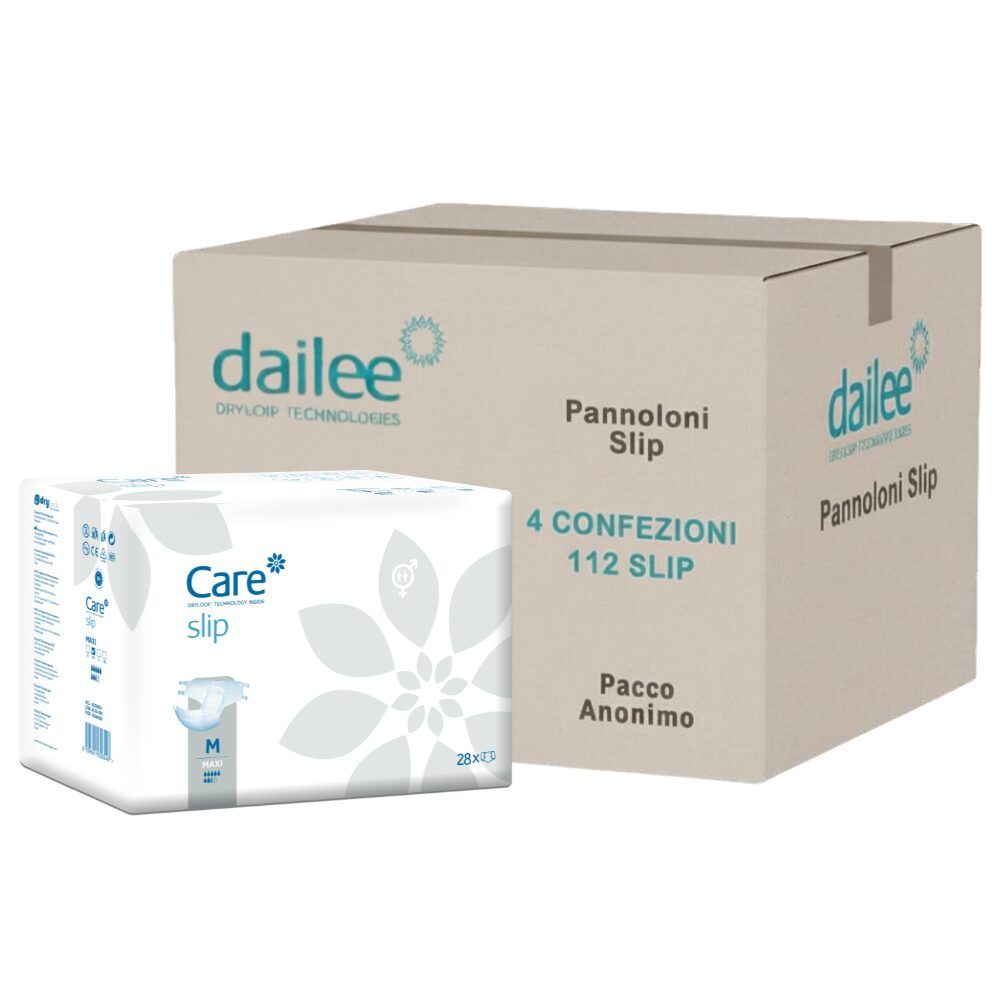 Dailee Care Slip Maxi: Packung mit 28 Windeln und Karton für 112 Windeln.