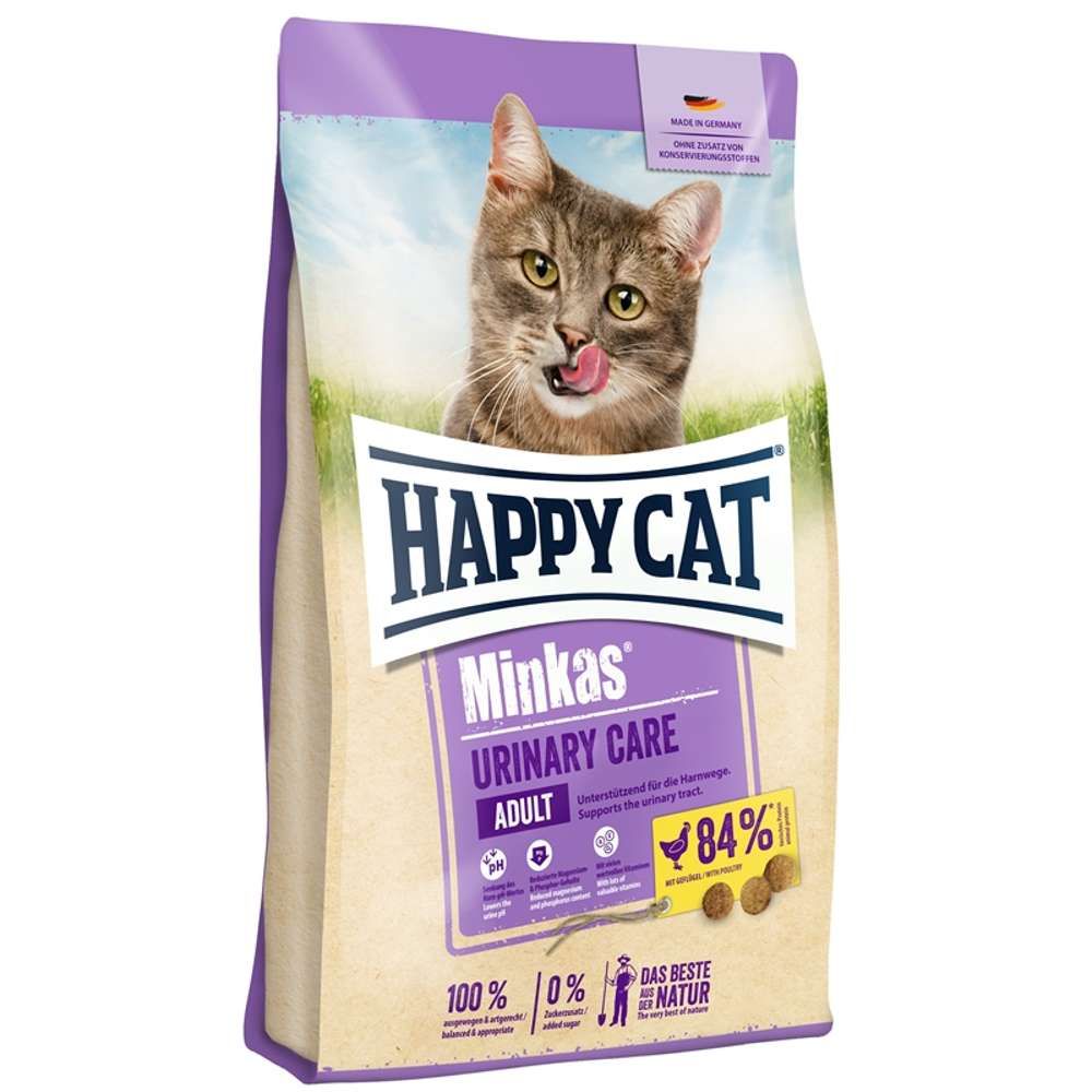 Happy Cat Minkas Urinary Care Adult Katzenfutter-Beutel mit Huhn-Motiv und Produktinformationen.