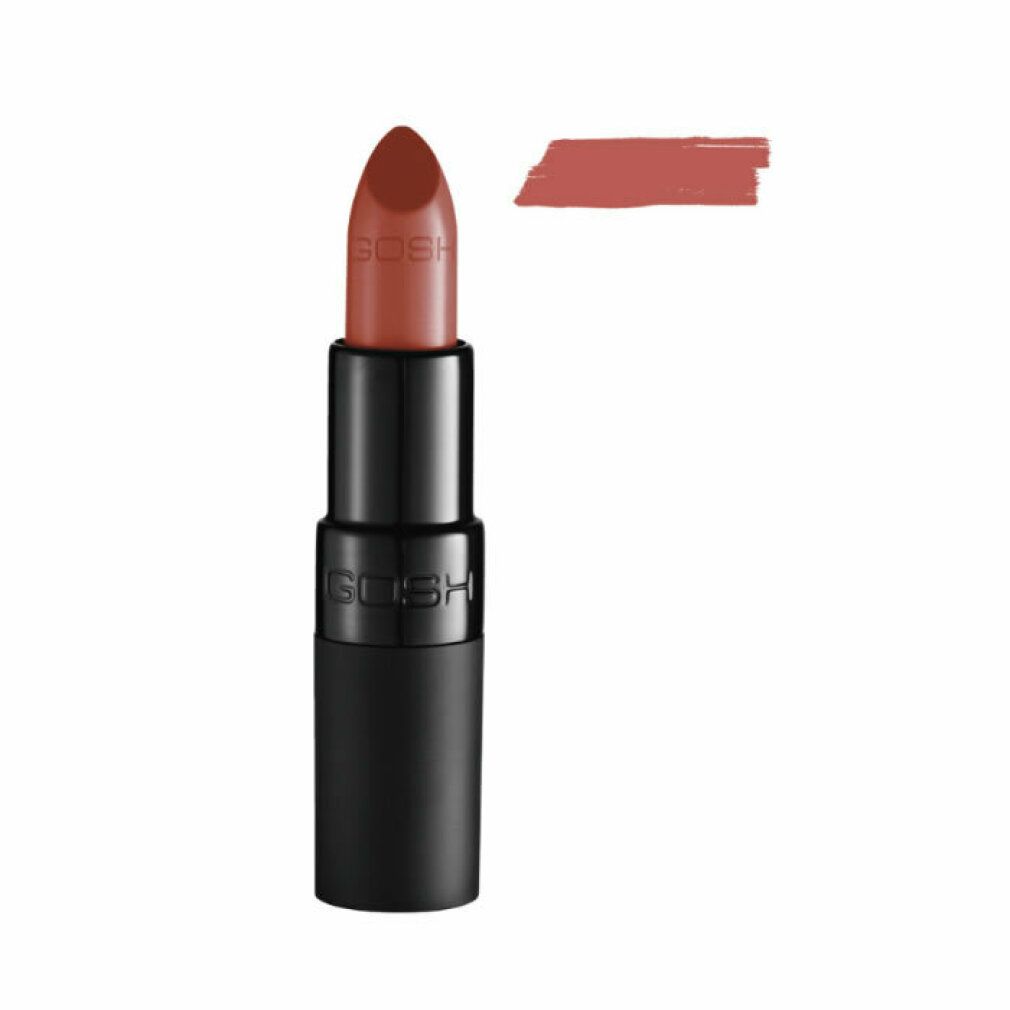 Lippenstift mit braunem Farbton und Farbmuster. Der Schriftzug GOSH ist auf dem Gehäuse zu sehen.